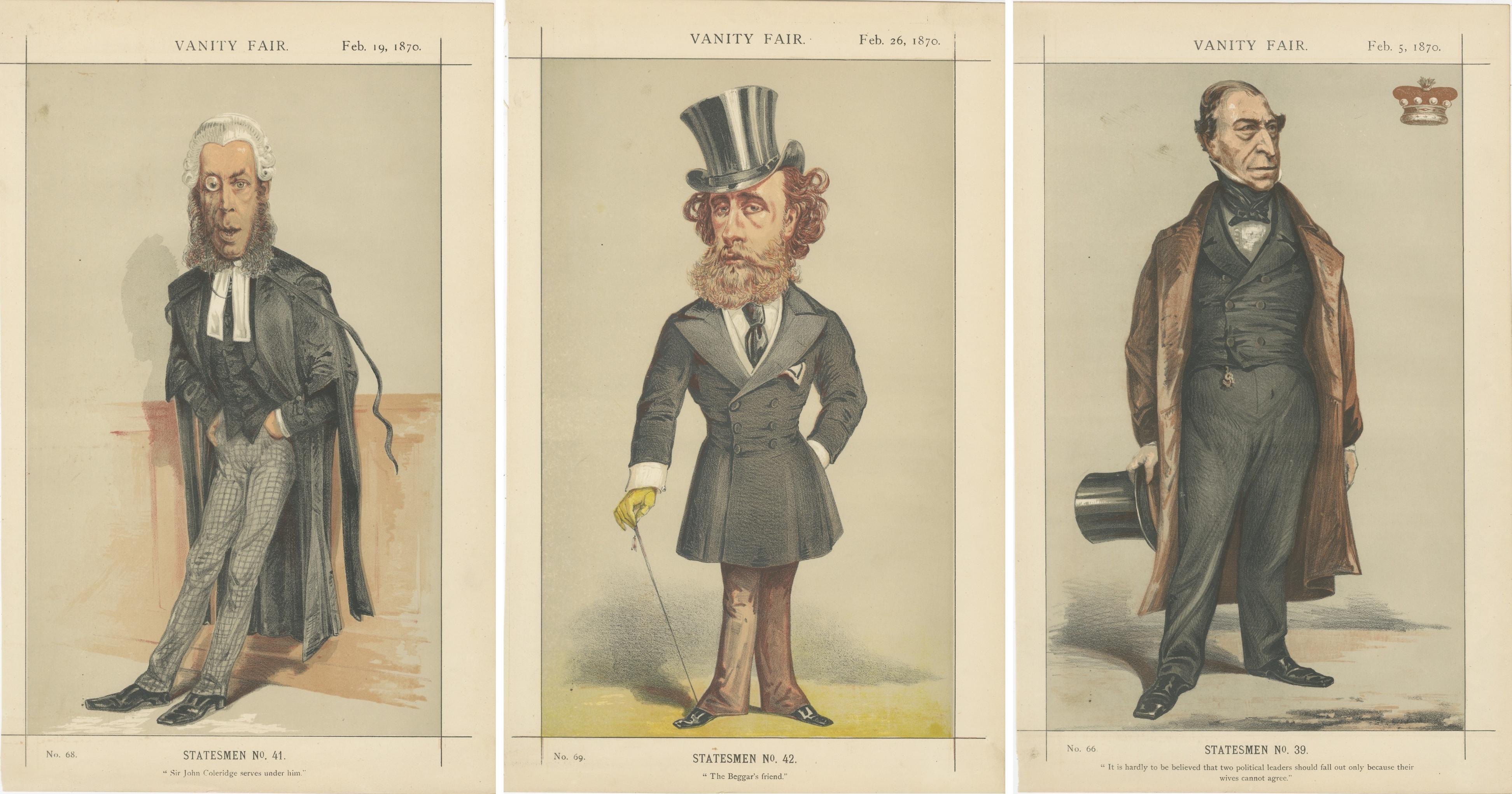 Set of Three Vanity Fair Chromolithographs, Victorian, 1870, Signed