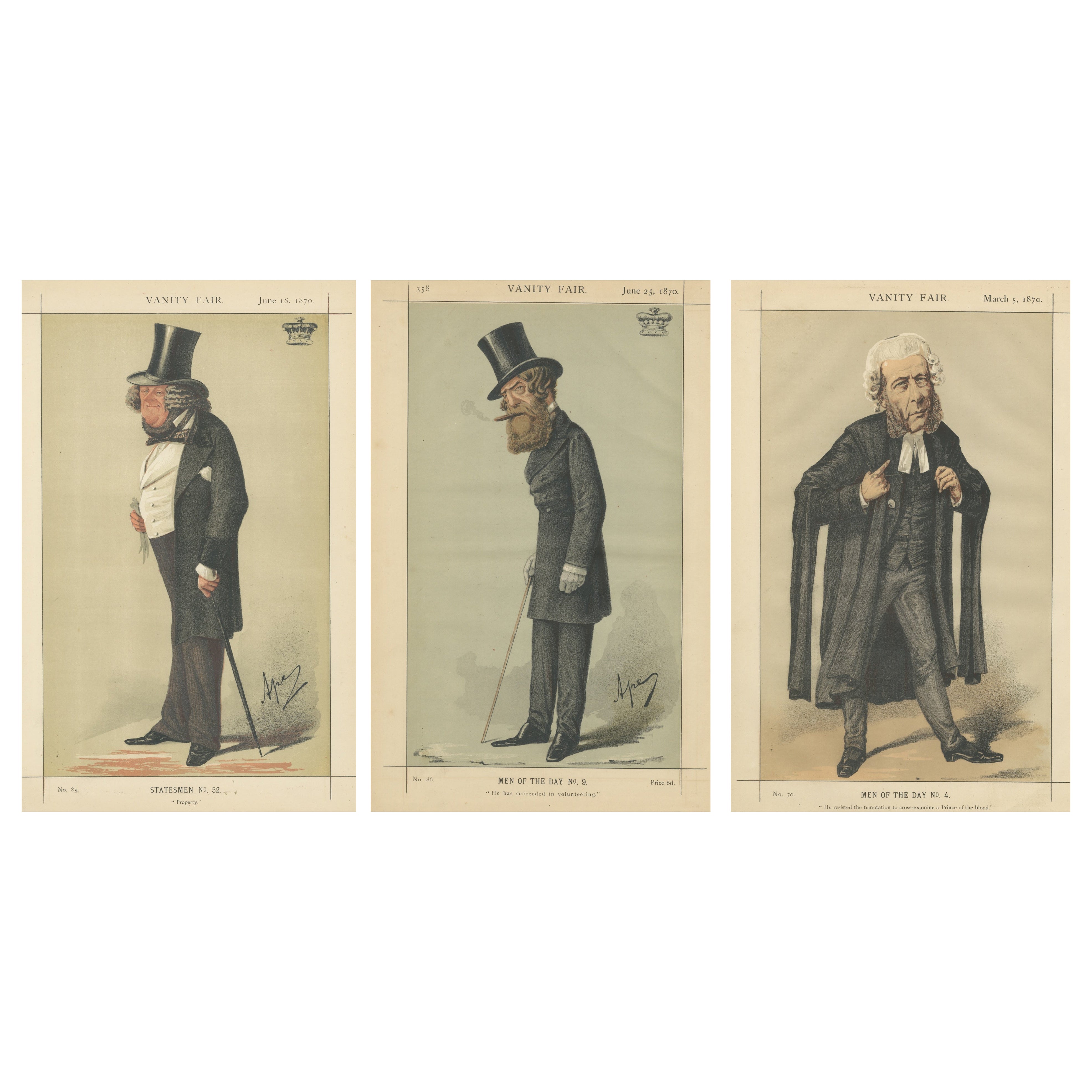 Conjunto de tres retratos de Vanity Fair - Caballeros victorianos, Londres 1870