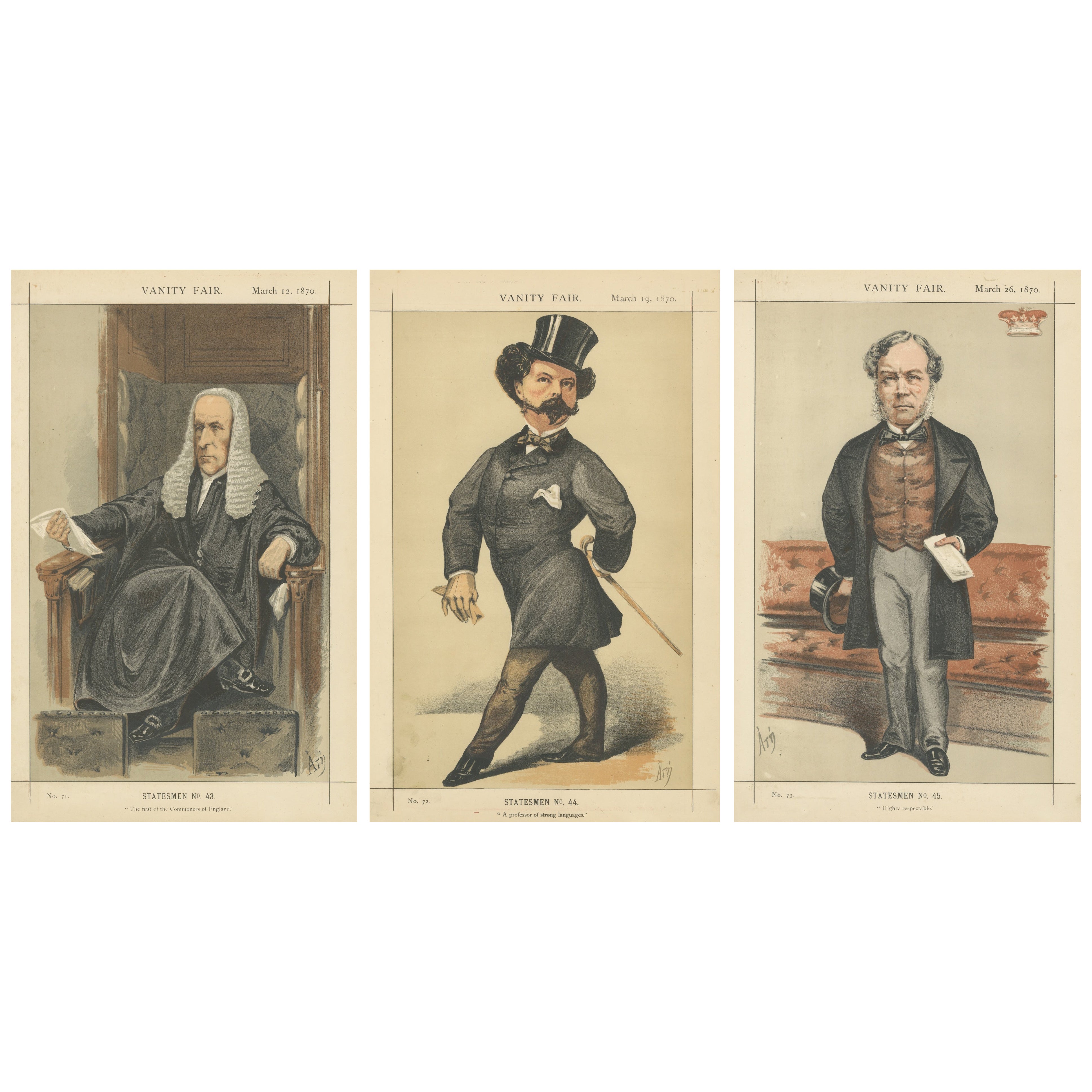 Conjunto de tres estadistas de Vanity Fair - Figuras políticas británicas, Londres 1870