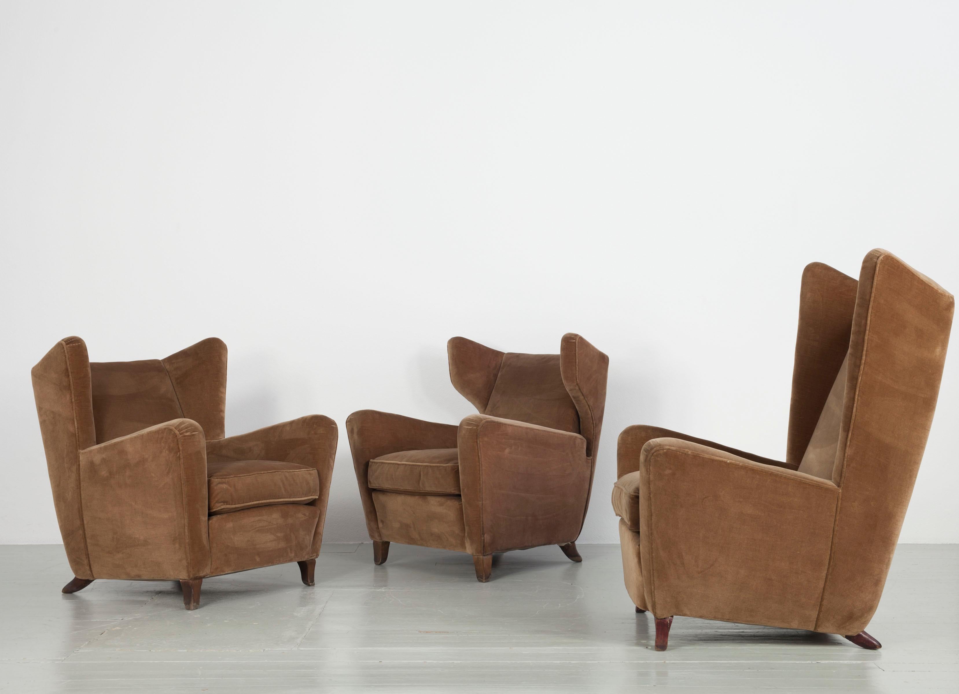 Set of Three Velvet Armchair, Melchiorre Bega Attributed, Italy, 1950s For Sale 13