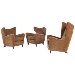 Vintage Set of Three Velvet Armchair, Melchiorre Bega Attributed, Italy, 1950s