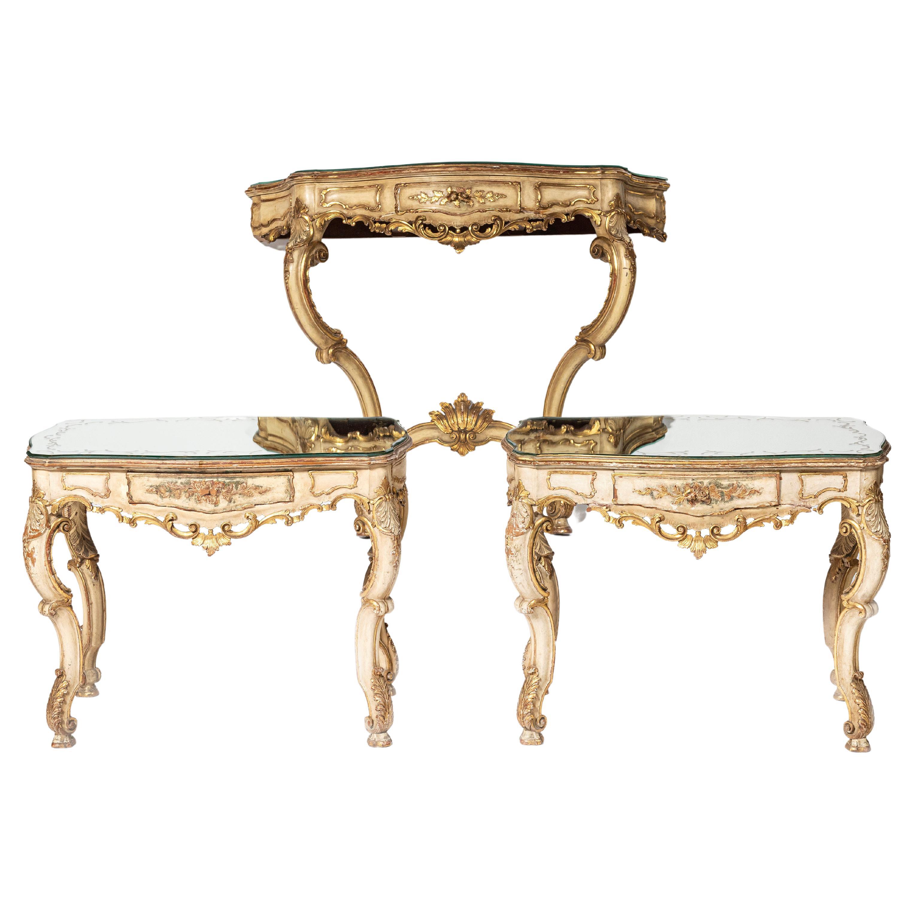Set of Three Venetian Rococo Pieces, One Console Table and Two Night Sands