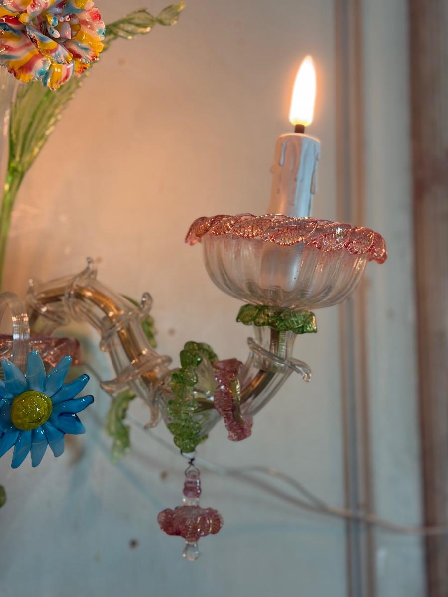 18th Century and Earlier Set of three Venetian wall lights in multicoloured Murano glass, circa 1950 For Sale
