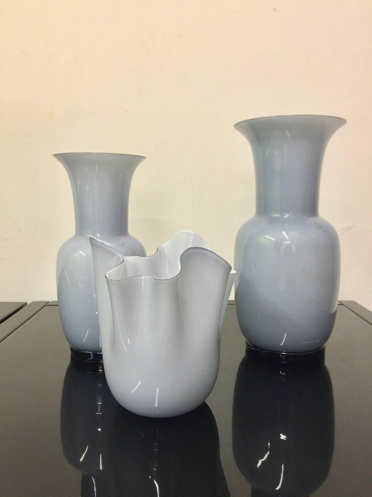 Set of Three Venini Murano Glass Vases Gray and White Color Combo For