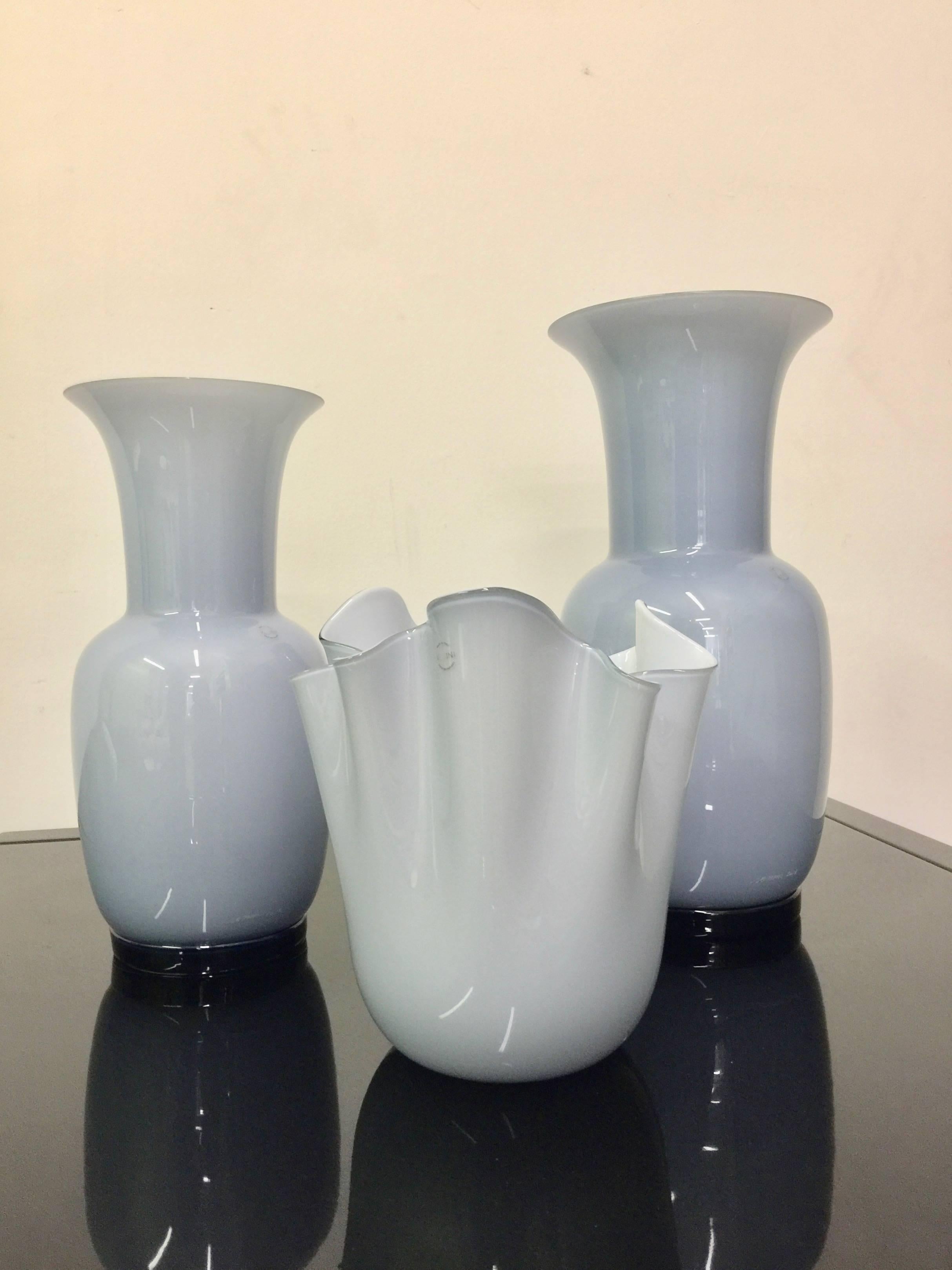 Set of Three Venini Murano Glass Vases Gray and White Color Combo For Sale 8