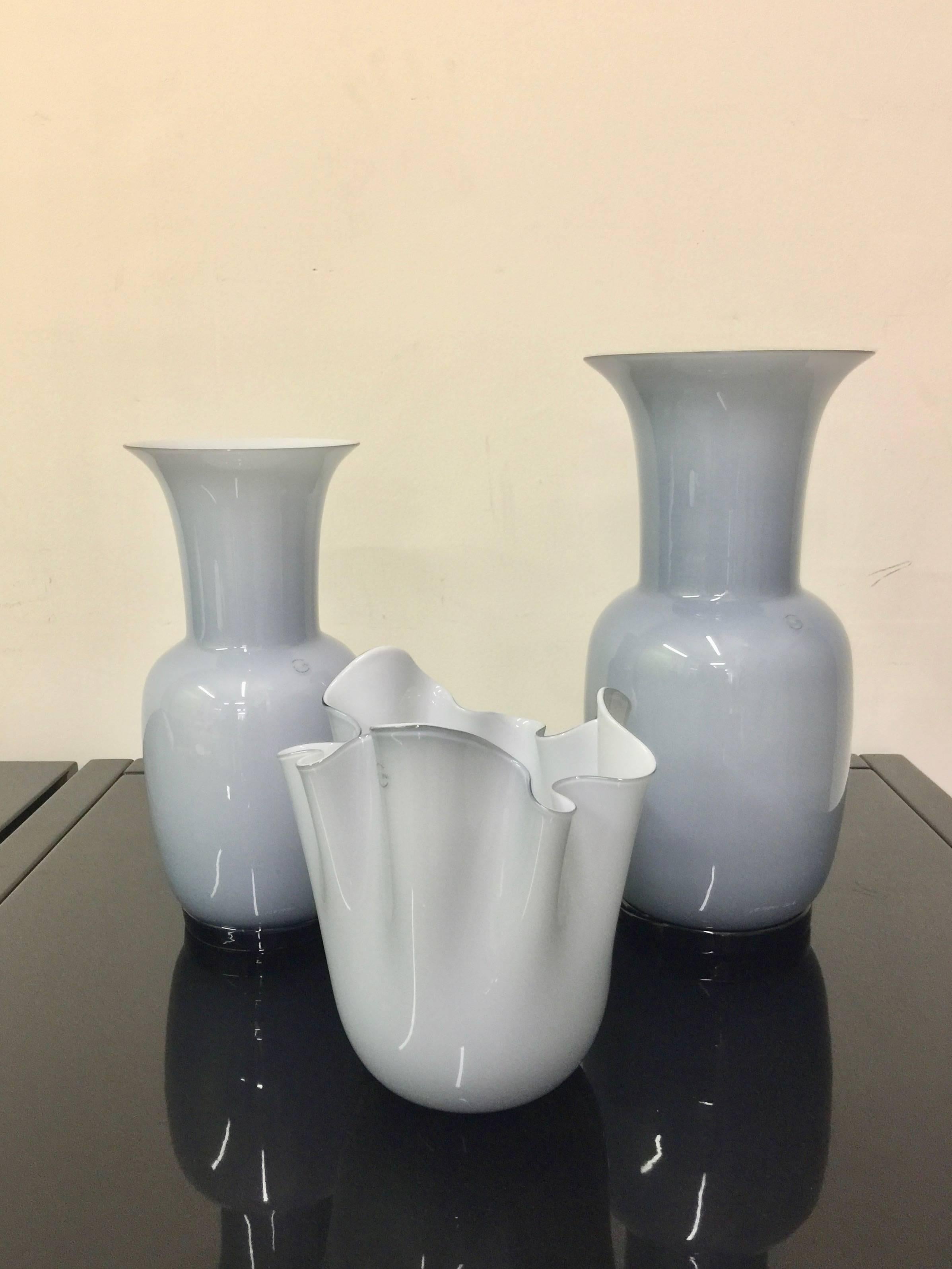 Set of Three Venini Murano Glass Vases Gray and White Color Combo For Sale 9