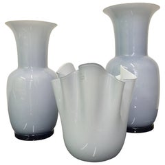Set of Three Venini Murano Glass Vases Gray and White Color Combo