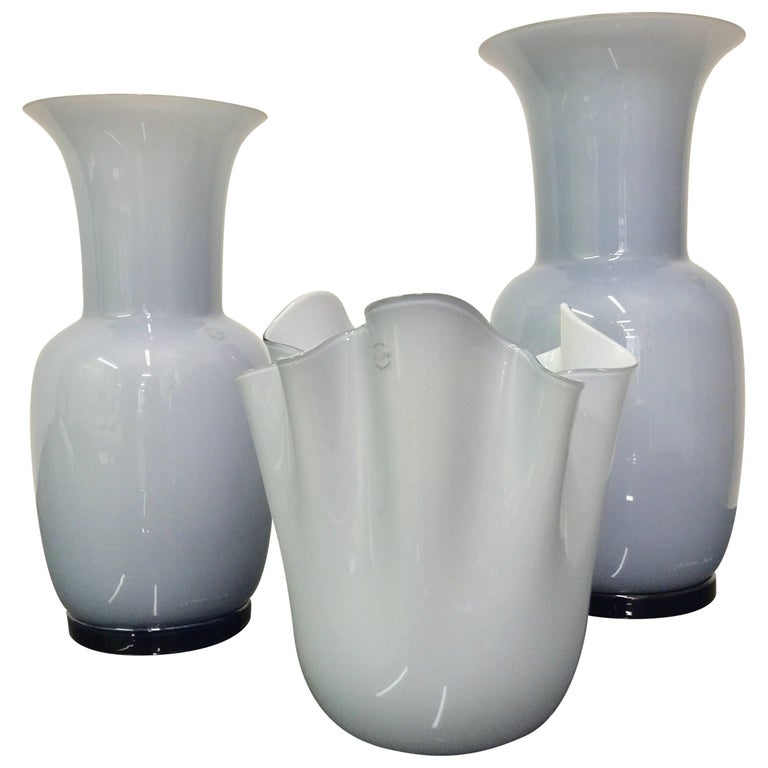 Set of Three Venini Murano Glass Vases Gray and White Color Combo For
