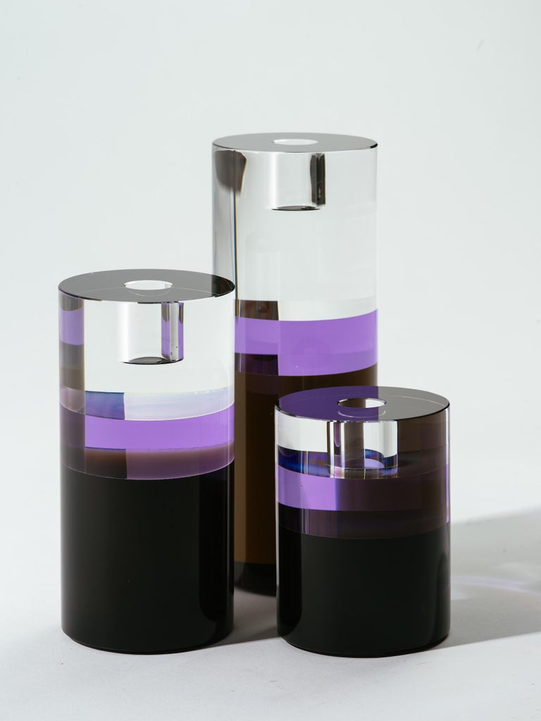 Set of Three Veritas Gelato Ombre Glass Column Candlesticks For Sale at