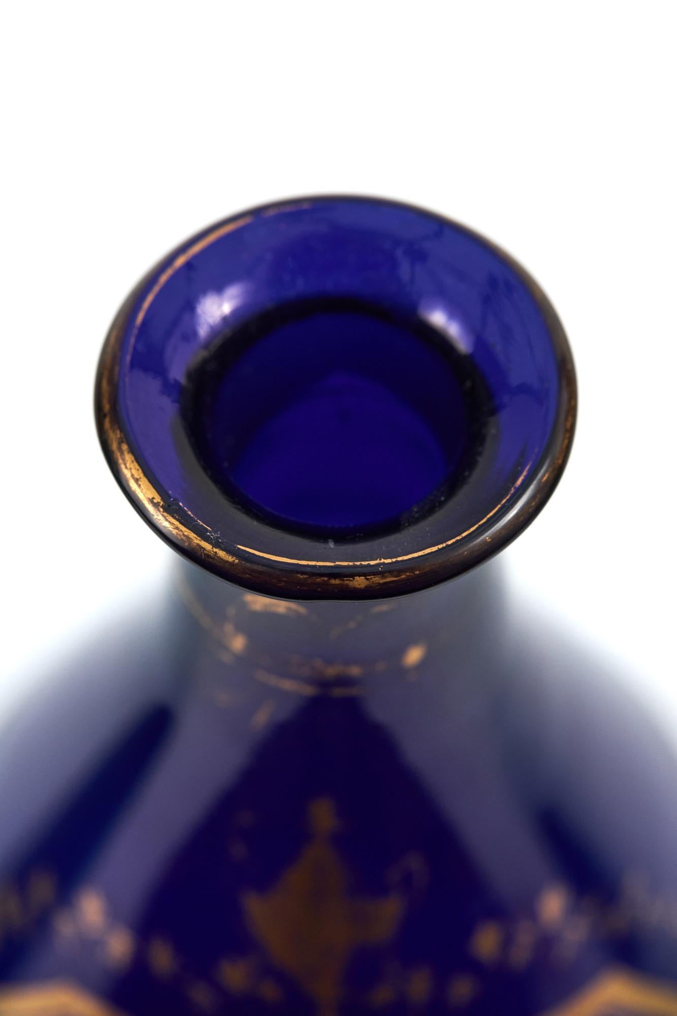 Set of three 19th Century Victorian antique decanters in lovely green and blue colours with gold gilded decoration. Condition consistent with age and use.