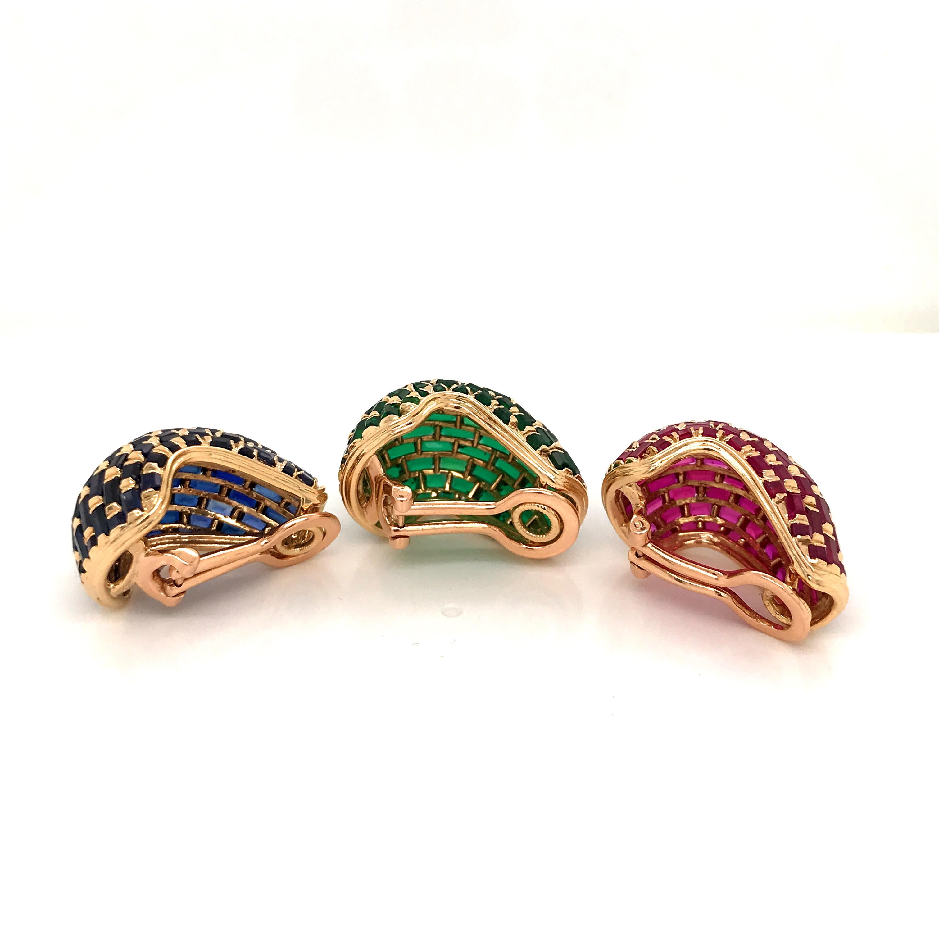 Set of Three Vintage 18 Karat Gold Ruby, Emerald, Blue Sapphire Ear Clips In Excellent Condition In Westport, CT