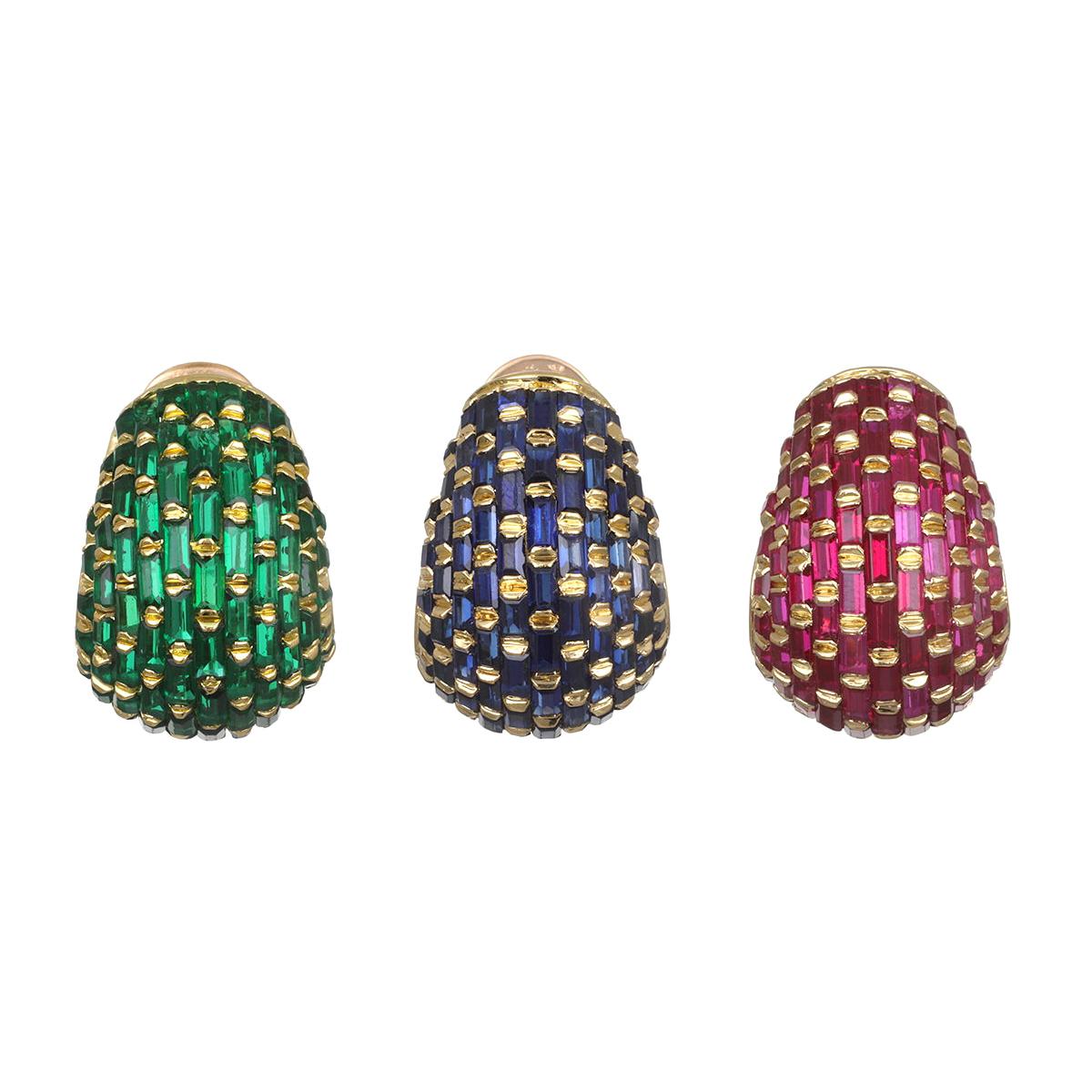 Set of Three Vintage 18 Karat Gold Ruby, Emerald, Blue Sapphire Ear Clips