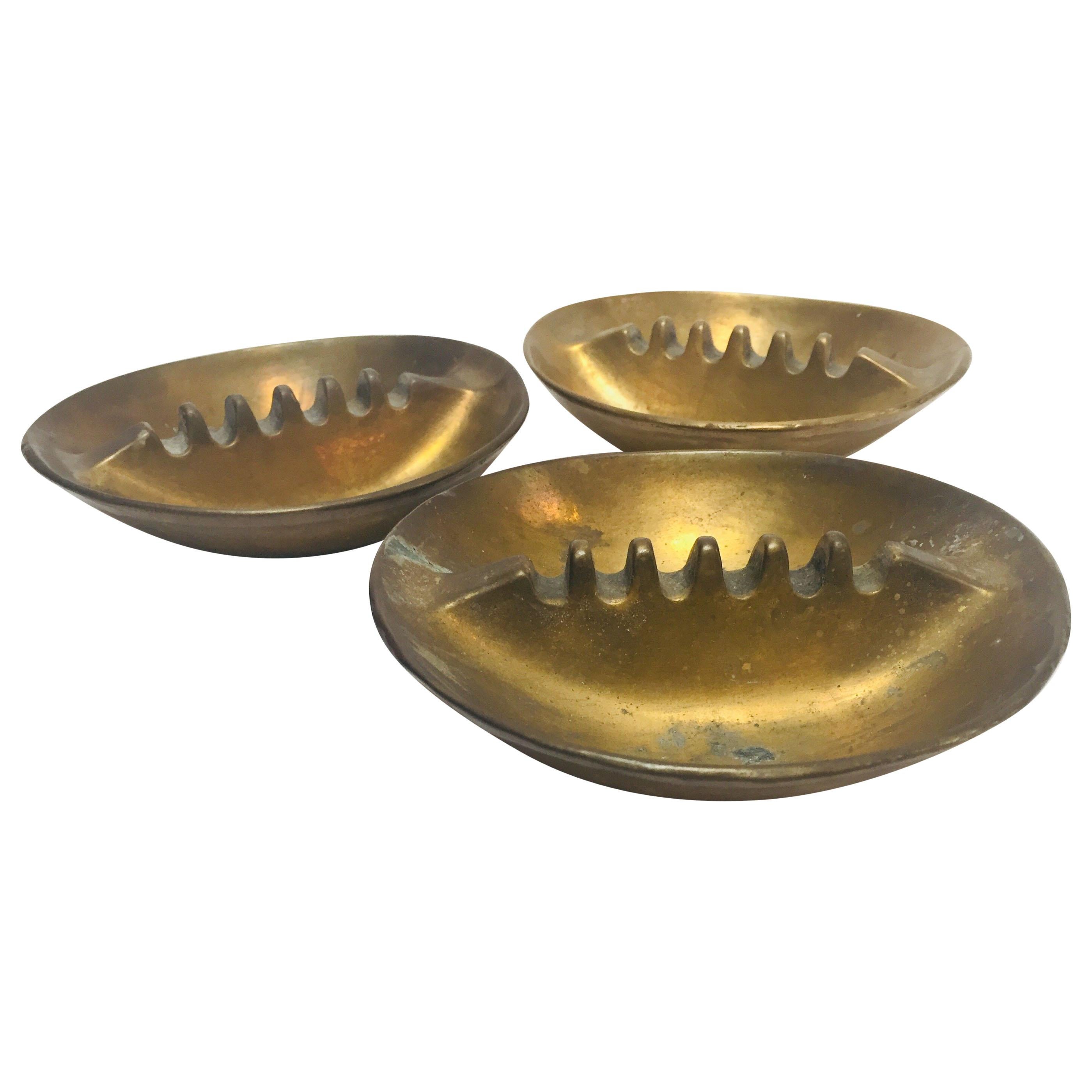 Set of Three Vintage 1960 Solid Cast Brass Ashtrays