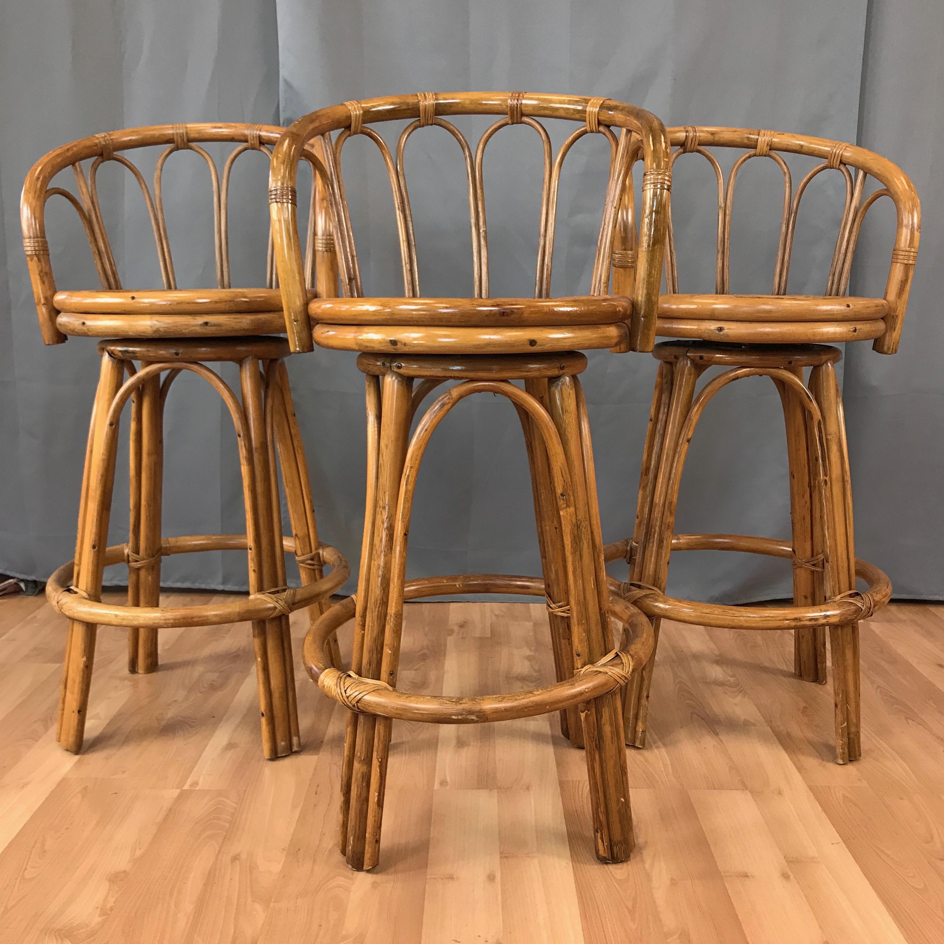 Set of Three Vintage Bamboo and Rattan Swivel Barstools 3