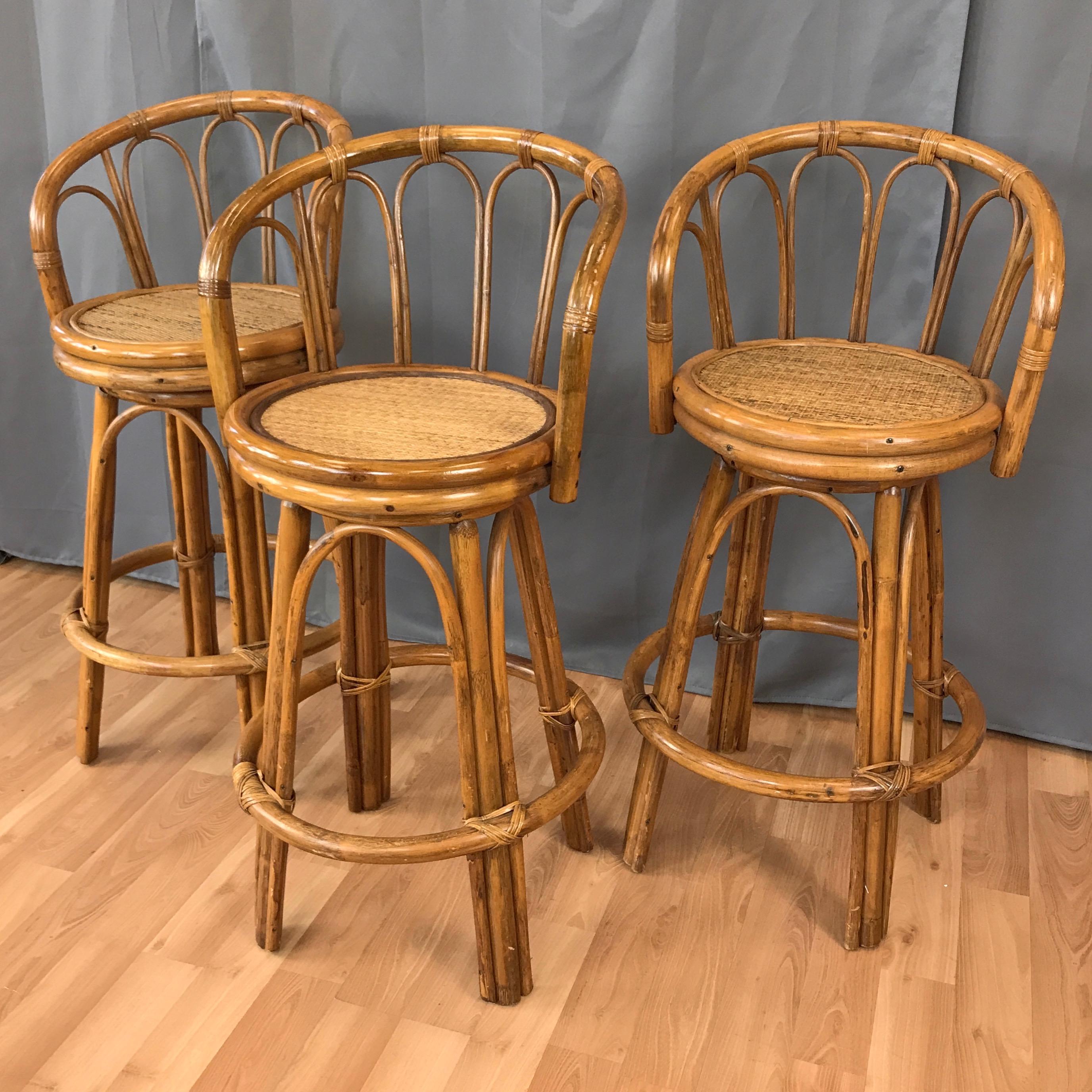 Set of Three Vintage Bamboo and Rattan Swivel Barstools 5