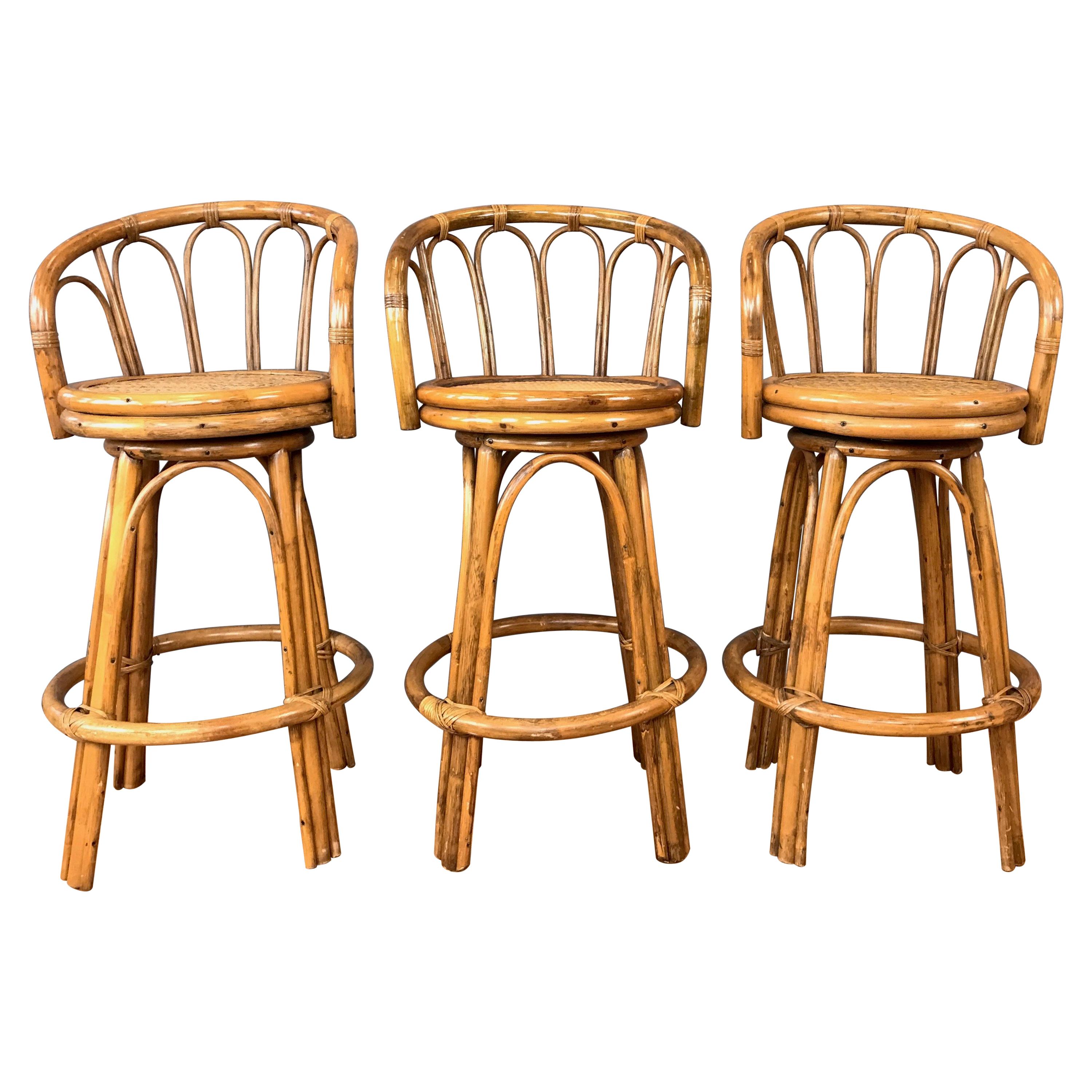 Set of Three Vintage Bamboo and Rattan Swivel Barstools
