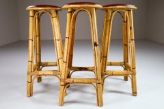 Set of Three Vintage Bamboo Barstools with Red Leather Seat, France, 1950s