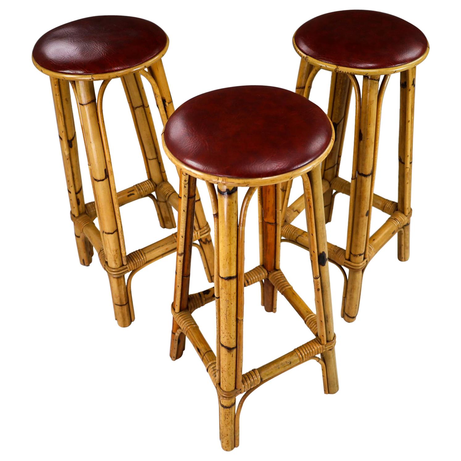 Set of Three Vintage Bamboo Barstools with Red Leather Seat, France, 1950s