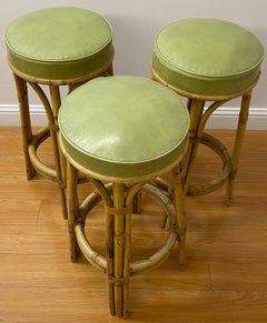 Set of Three Vintage Bamboo & Olive Green Leather Bar Stools C.1950