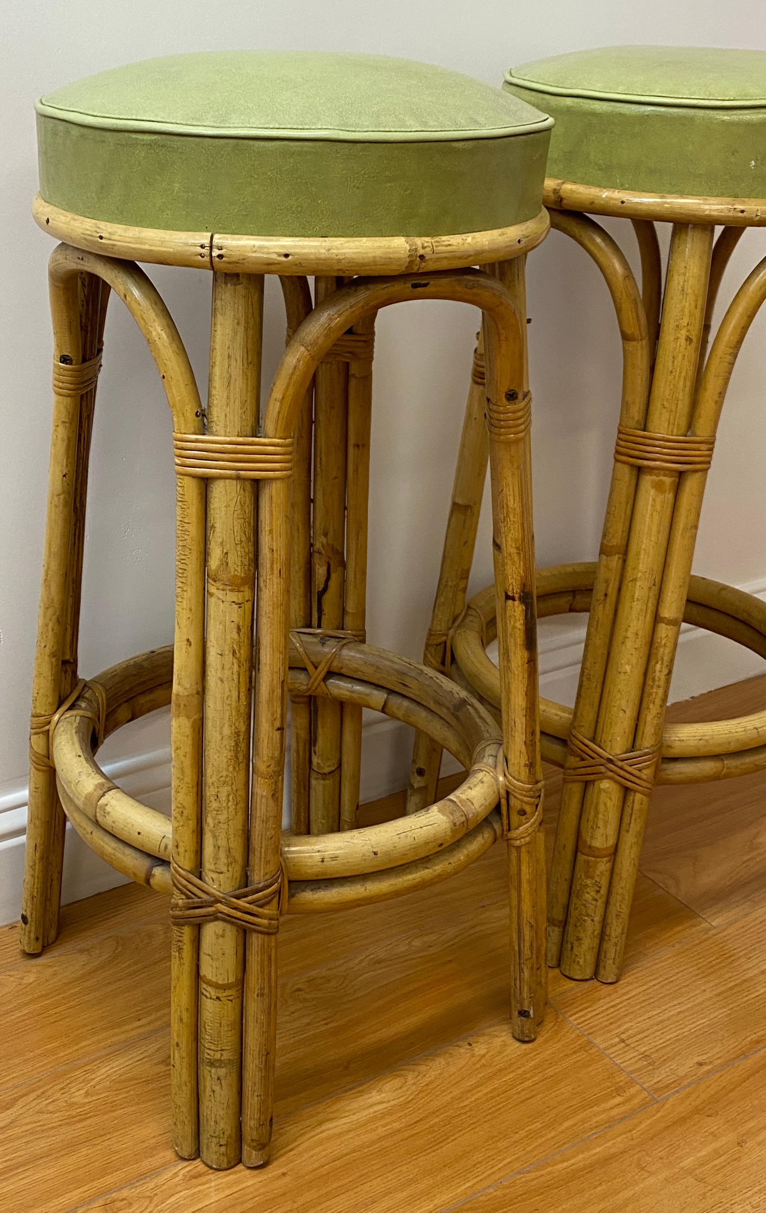 Mid-Century Modern Set of Three Vintage Bamboo & Olive Green Leather Bar Stools C.1950