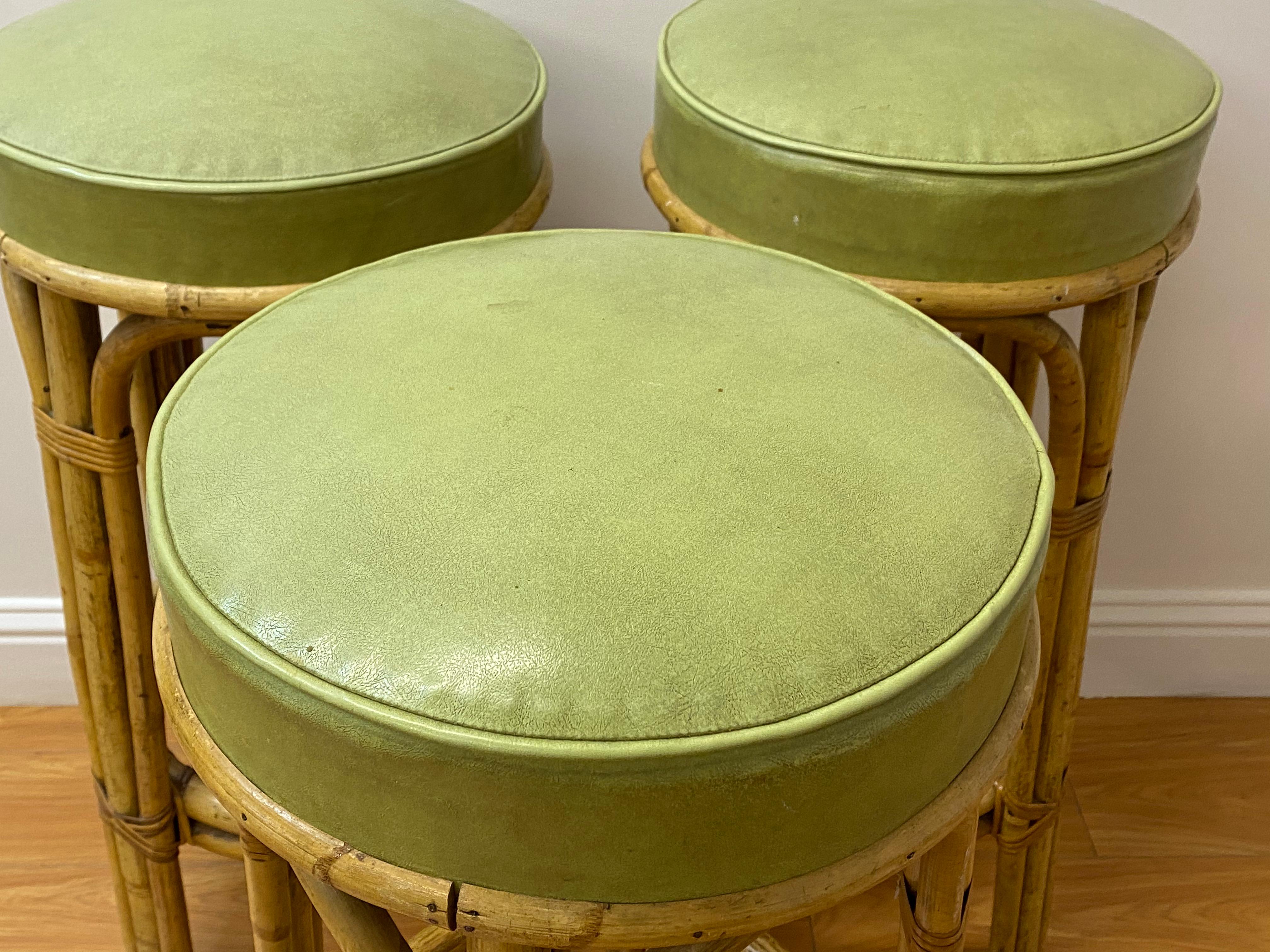 American Set of Three Vintage Bamboo & Olive Green Leather Bar Stools C.1950