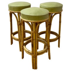 Set of Three Vintage Bamboo & Olive Green Leather Bar Stools C.1950