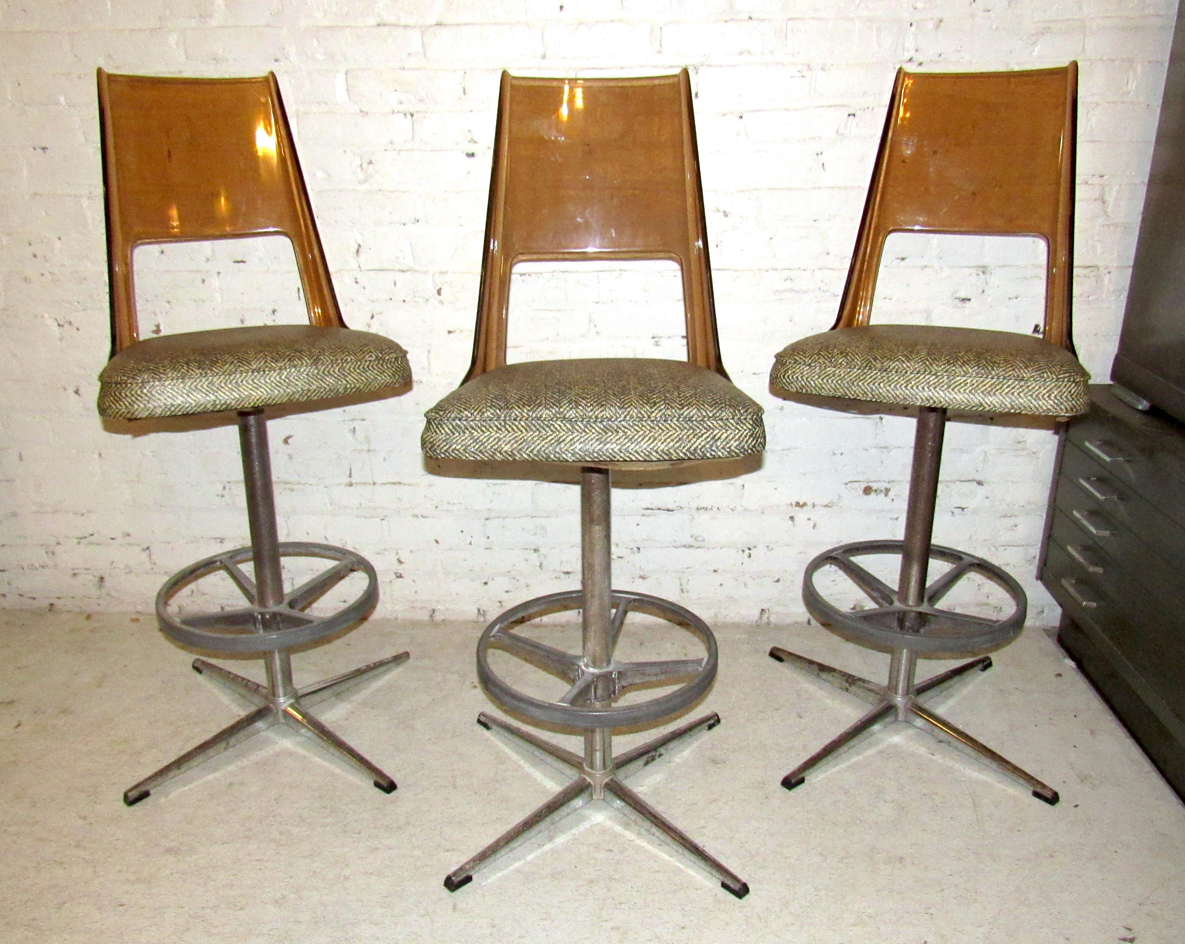 Mid-Century Modern Set of Three Vintage Bar Stools