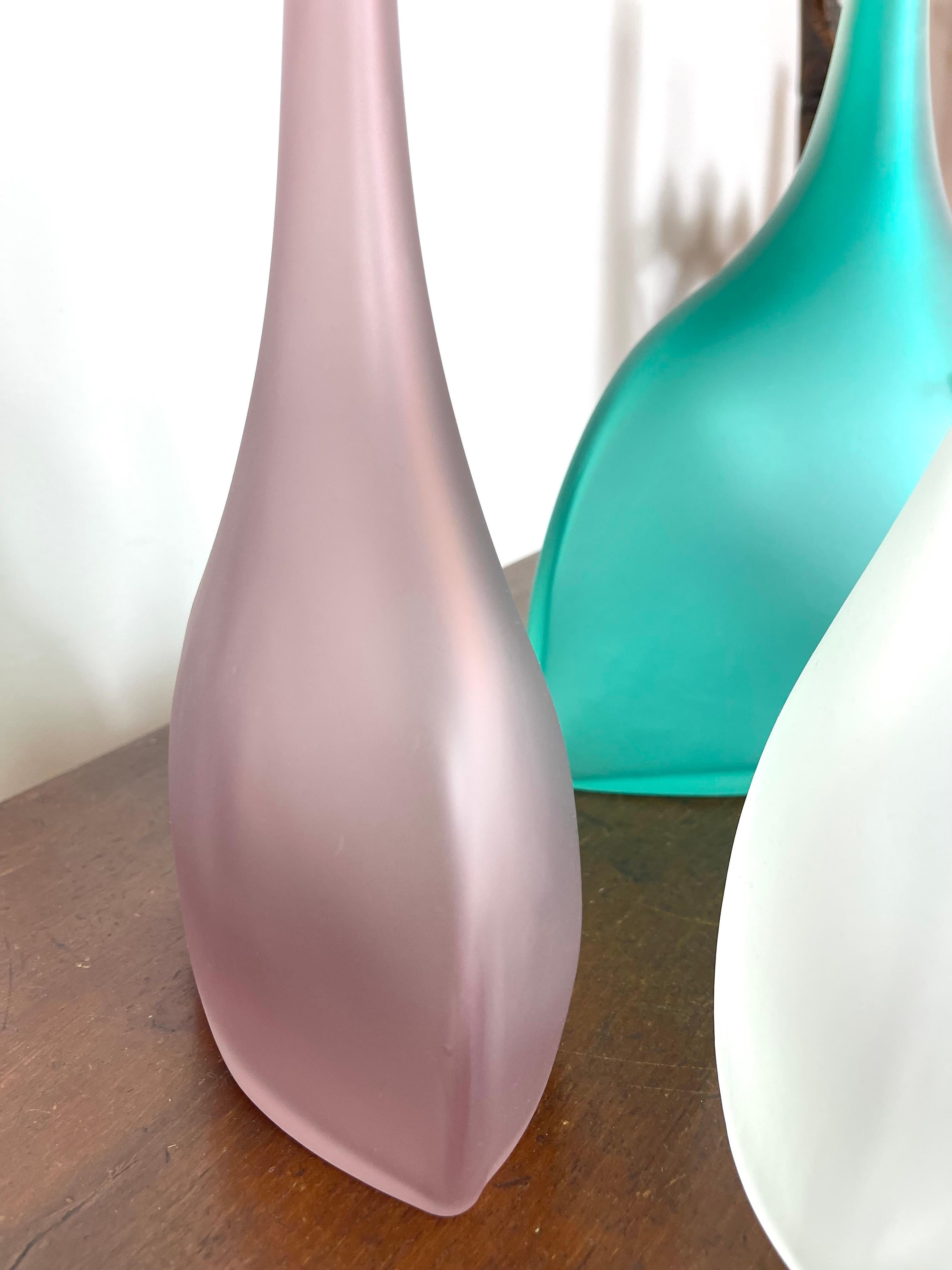 Mid-Century Modern Set of Three Vintage Barbini Murano Satin Glass Vases White, Aquamarine, Pink For Sale