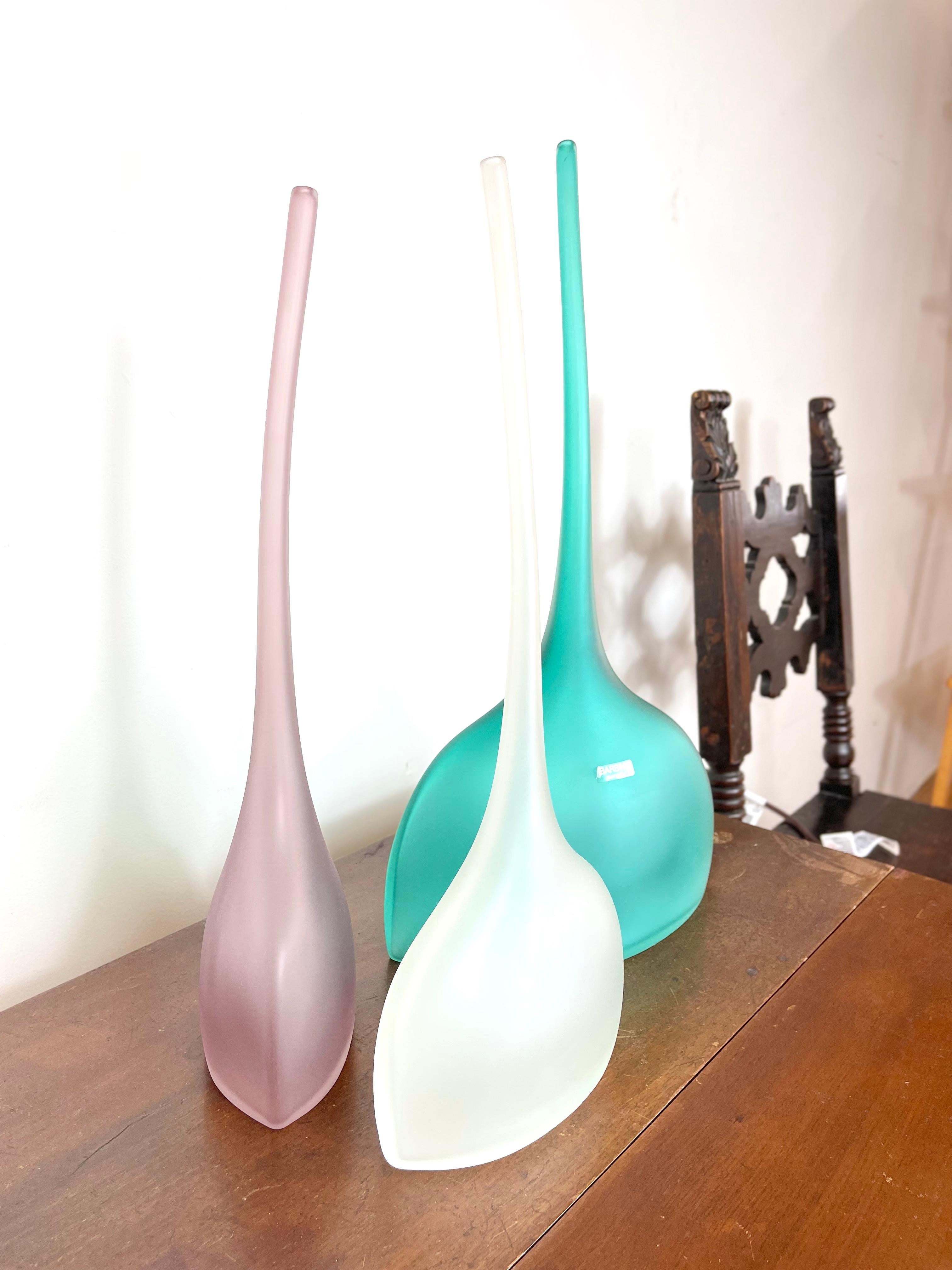 Italian Set of Three Vintage Barbini Murano Satin Glass Vases White, Aquamarine, Pink For Sale