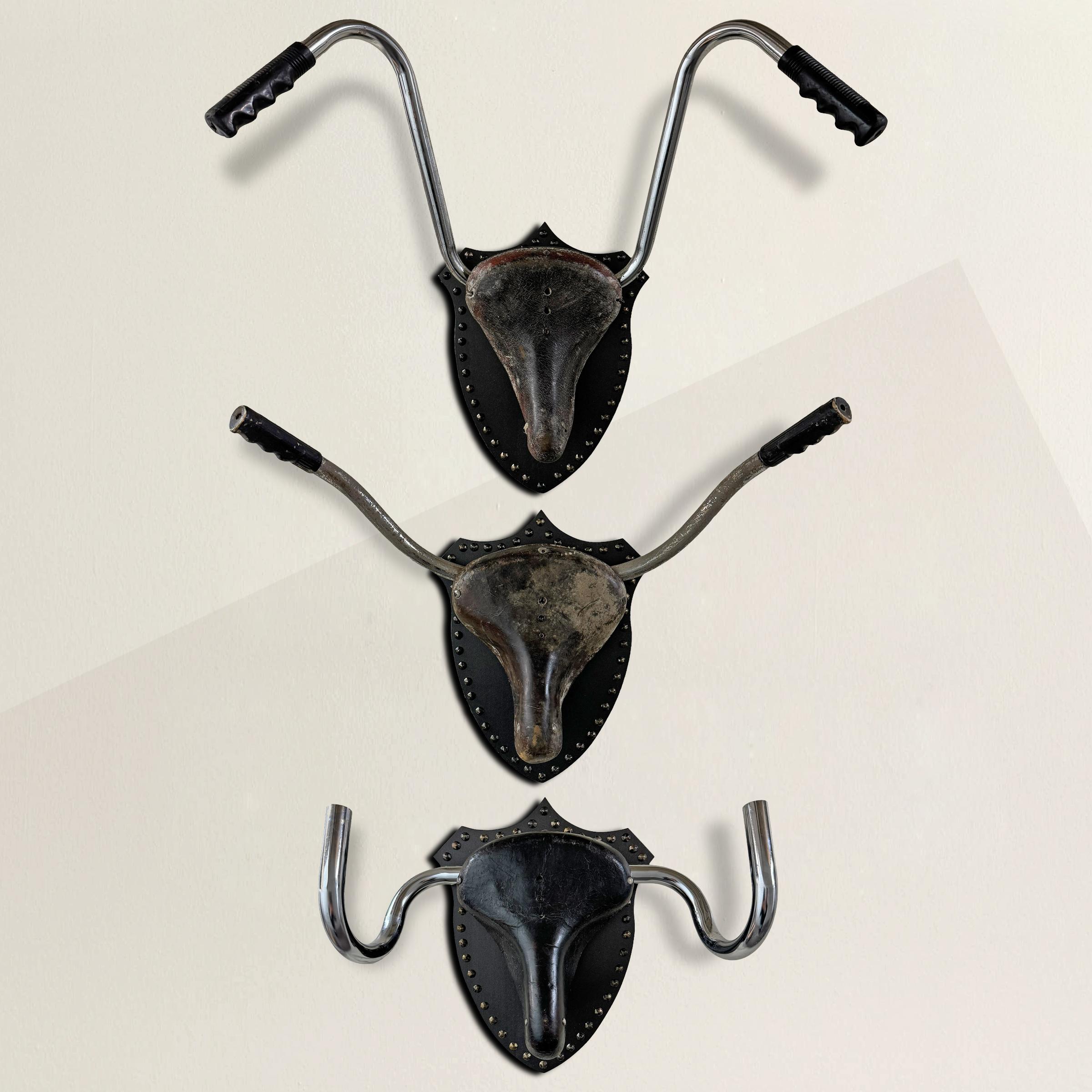 Embark on a journey through art history with this playful yet serious set of three bicycle seat and handlebar sculptures, paying homage to Picasso's groundbreaking 