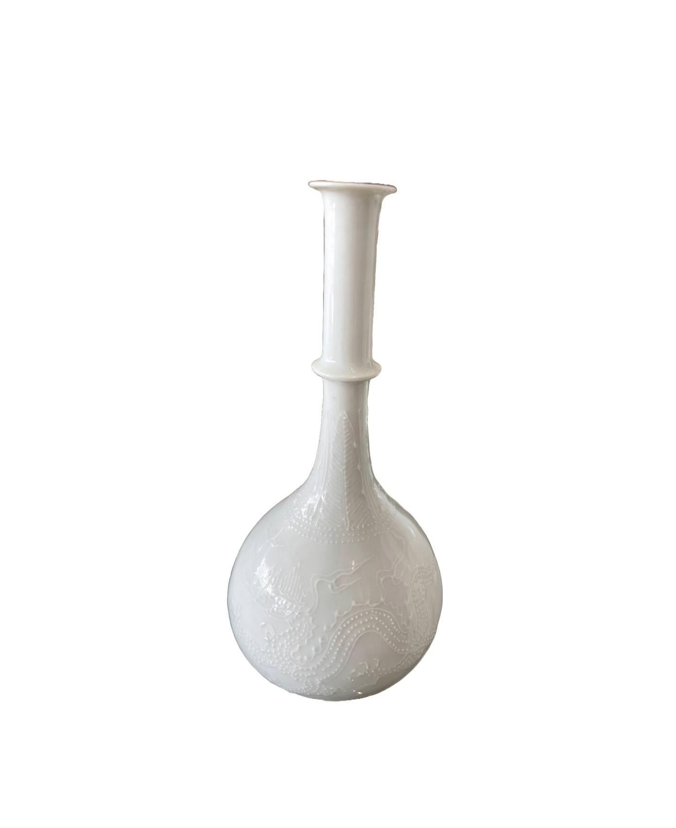 This set of porcelain, glazed vases termed “Blanc de Chine” (during the 19th century Regency Period in England) were very popular during that time. This set is reminiscent of the style of white porcelain Chinese vases artfully made from Dehua kilns