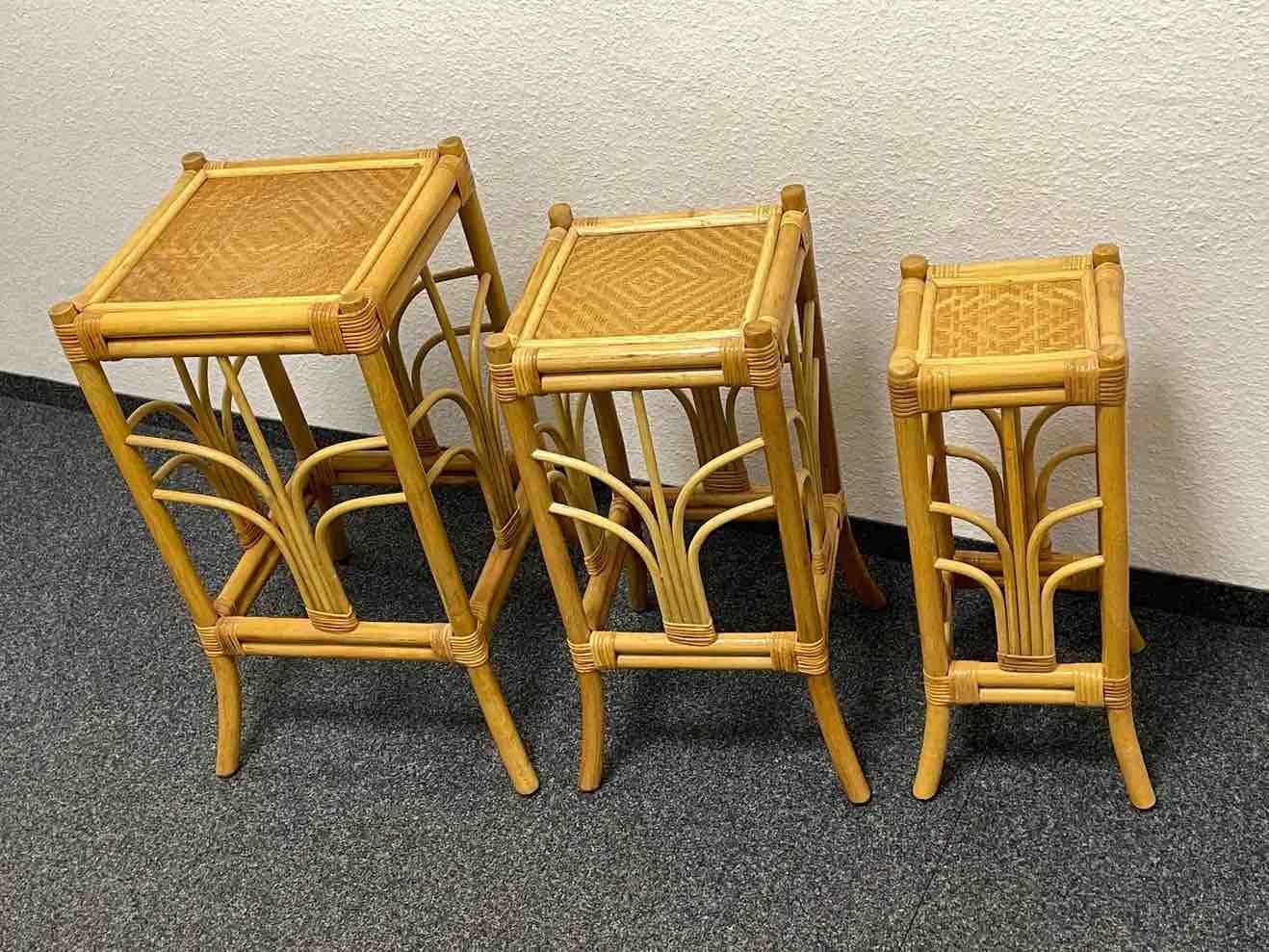 Set of Three Vintage Bohemian Rattan Bamboo Plant Stand Nesting Tables, Italy For Sale 1