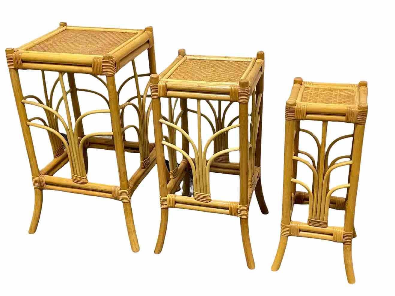 Italian Set of Three Vintage Bohemian Rattan Bamboo Plant Stand Nesting Tables, Italy For Sale