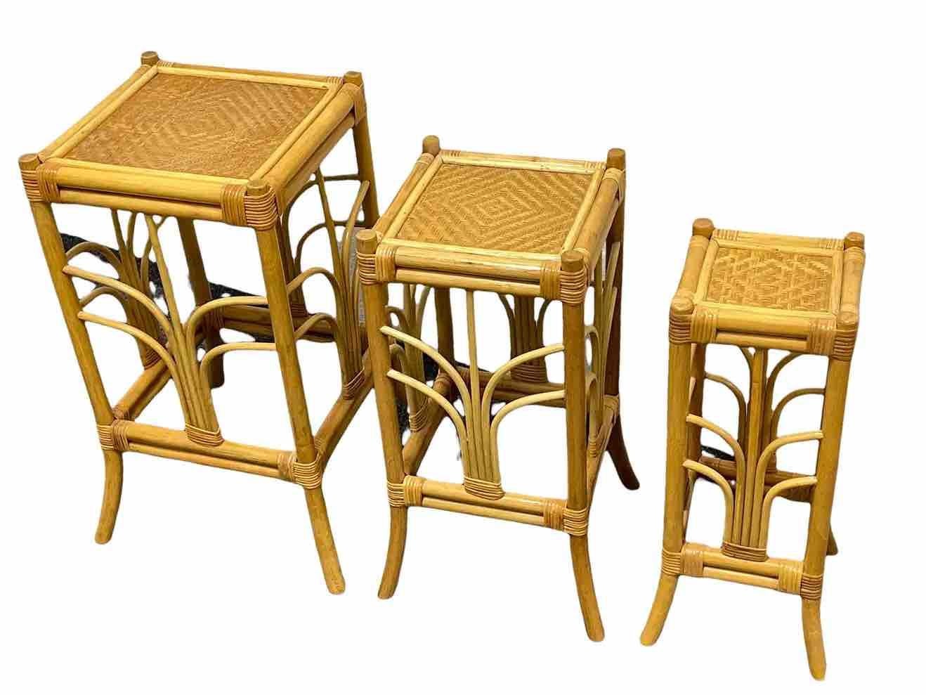 Late 20th Century Set of Three Vintage Bohemian Rattan Bamboo Plant Stand Nesting Tables, Italy For Sale