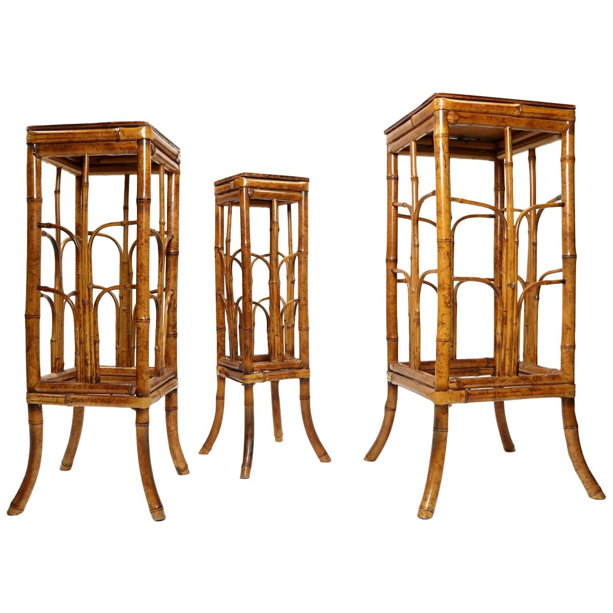 Set of Three Vintage Bohemian Tortoise Shell Bamboo Plant Stand Nesting Tables