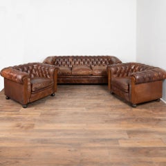 Set of Three Vintage Brown Leather Chesterfield Seating Group with Sofa and Pair
