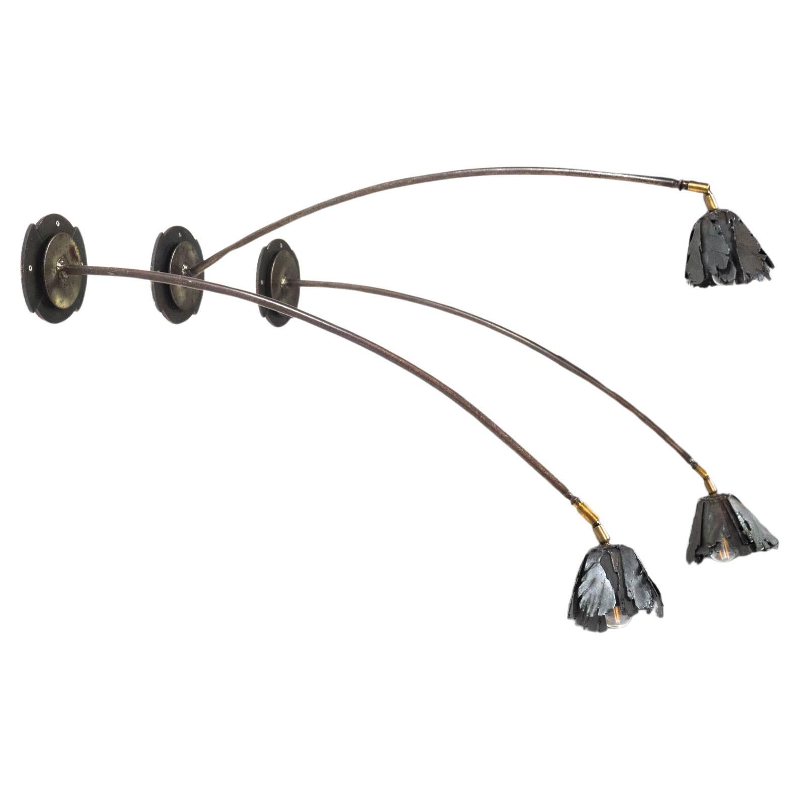 Set of three vintage ‘brutalist flower’ bronze wall lamps For Sale