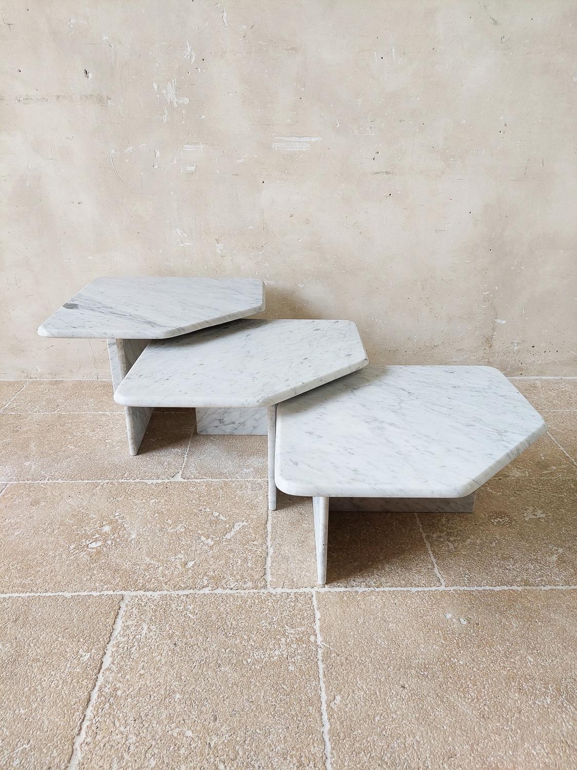 French Set of three Vintage Carrara Marble Coffee Tables, 1970s For Sale