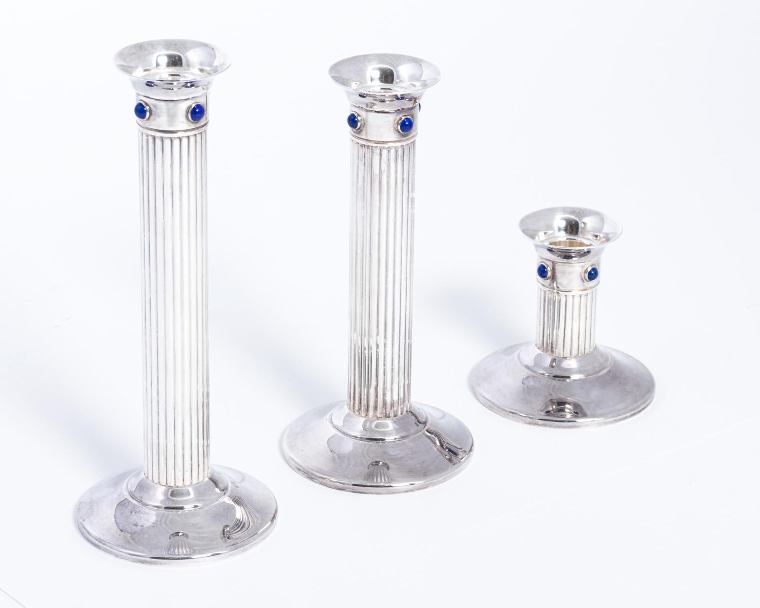 Art Deco Set of Three Vintage Cartier Fluted Silver Plate Candlesticks