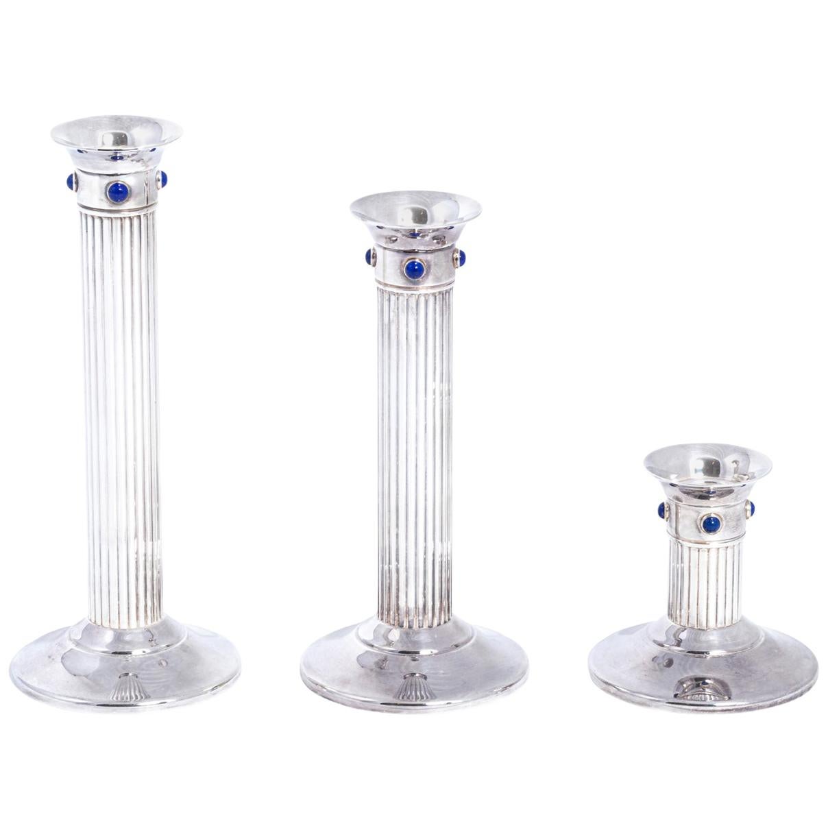 Set of Three Vintage Cartier Fluted Silver Plate Candlesticks