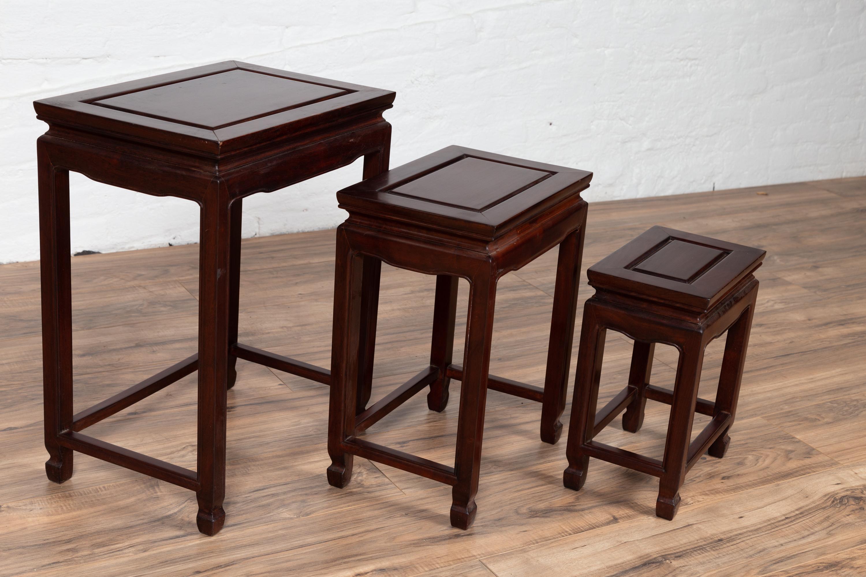 Set of Three Vintage Chinese Rosewood Nesting Tables with Dark Patina 3