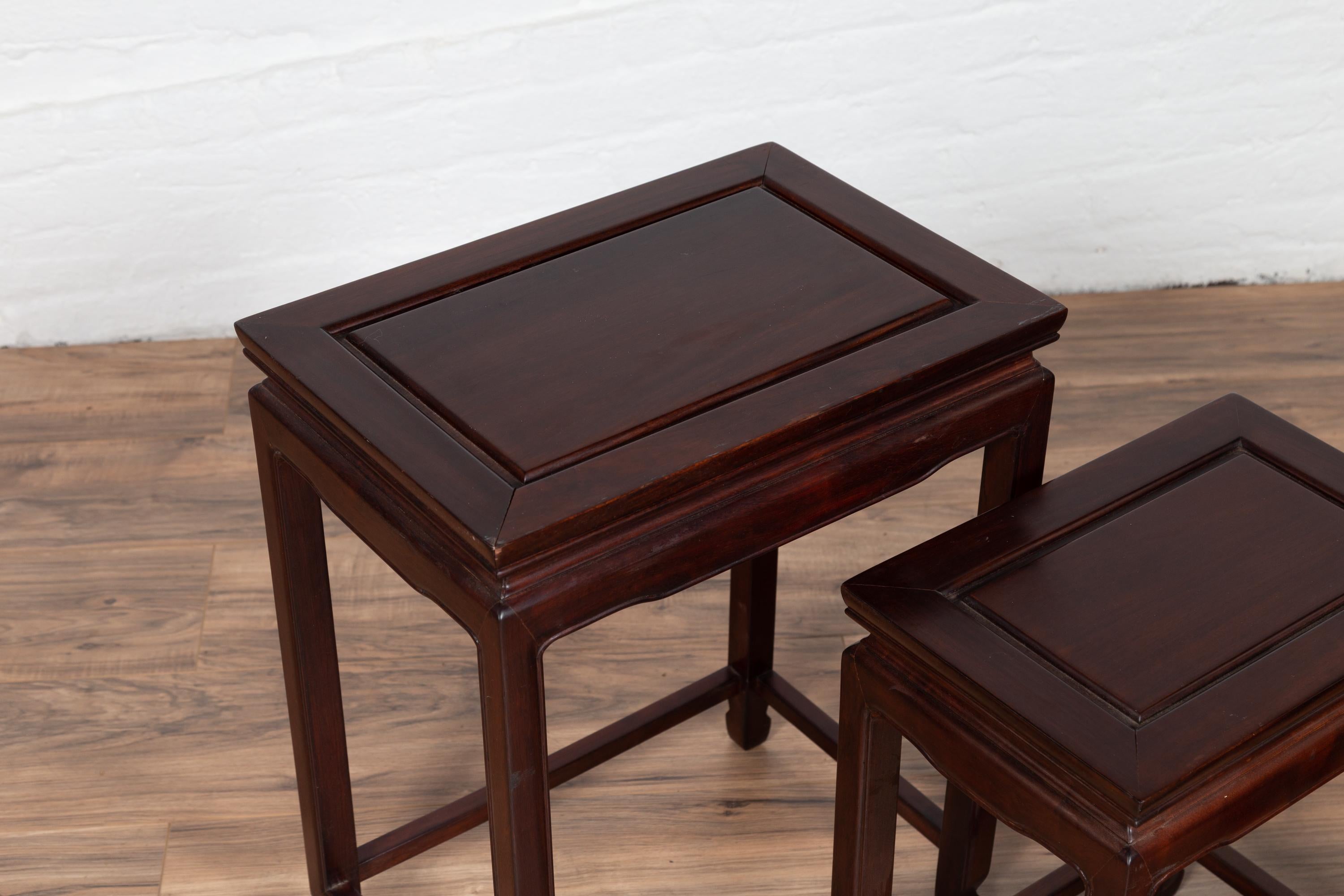 20th Century Set of Three Vintage Chinese Rosewood Nesting Tables with Dark Patina