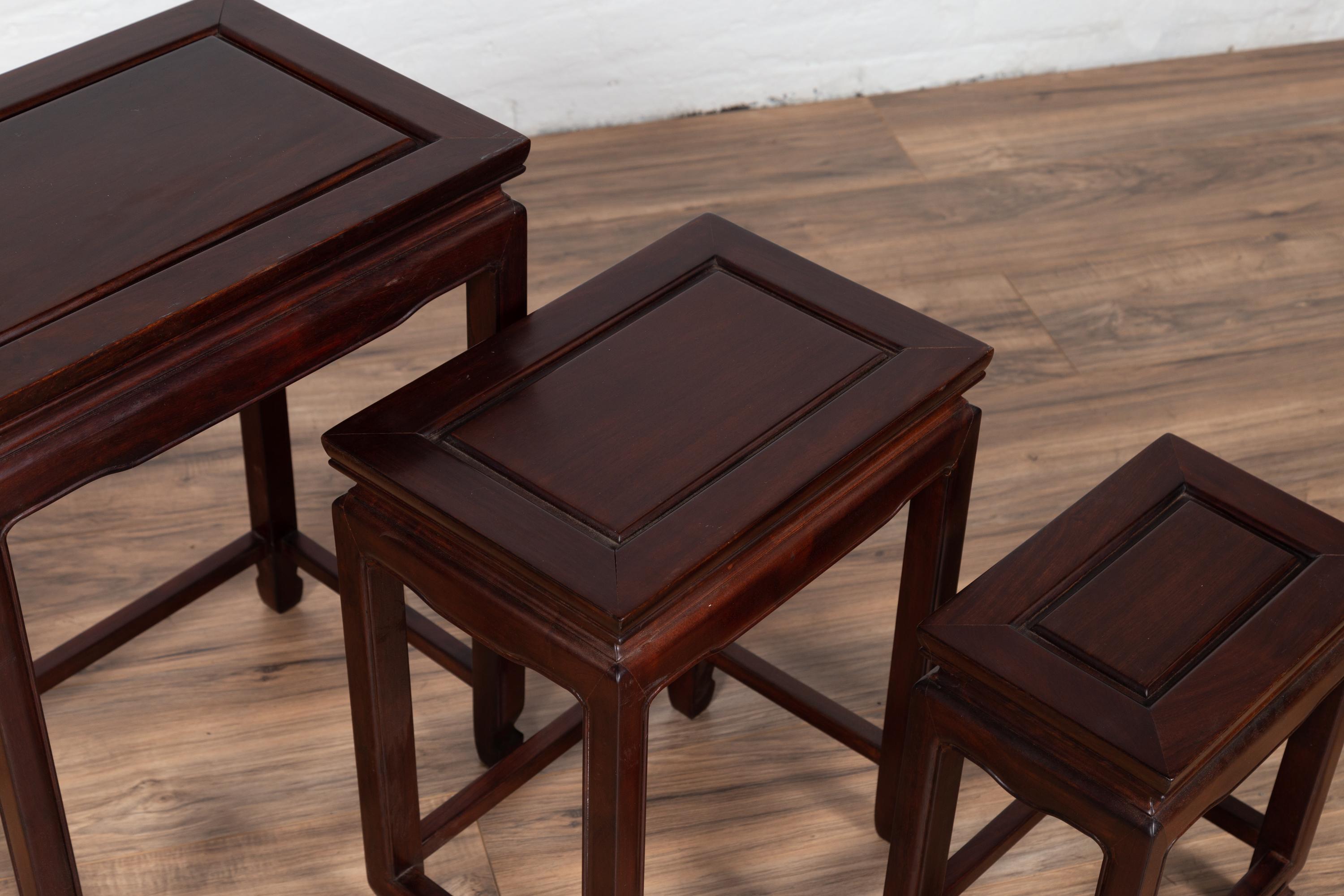 Set of Three Vintage Chinese Rosewood Nesting Tables with Dark Patina 1