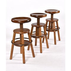 Set of Three Vintage Corkscrew Solid Oak Industrial Rustic Bar Stools