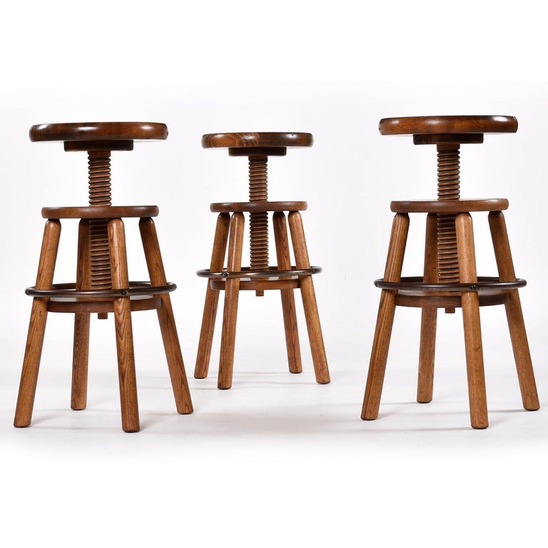 Set of Three Vintage Corkscrew Solid Oak Industrial Rustic Bar Stools
