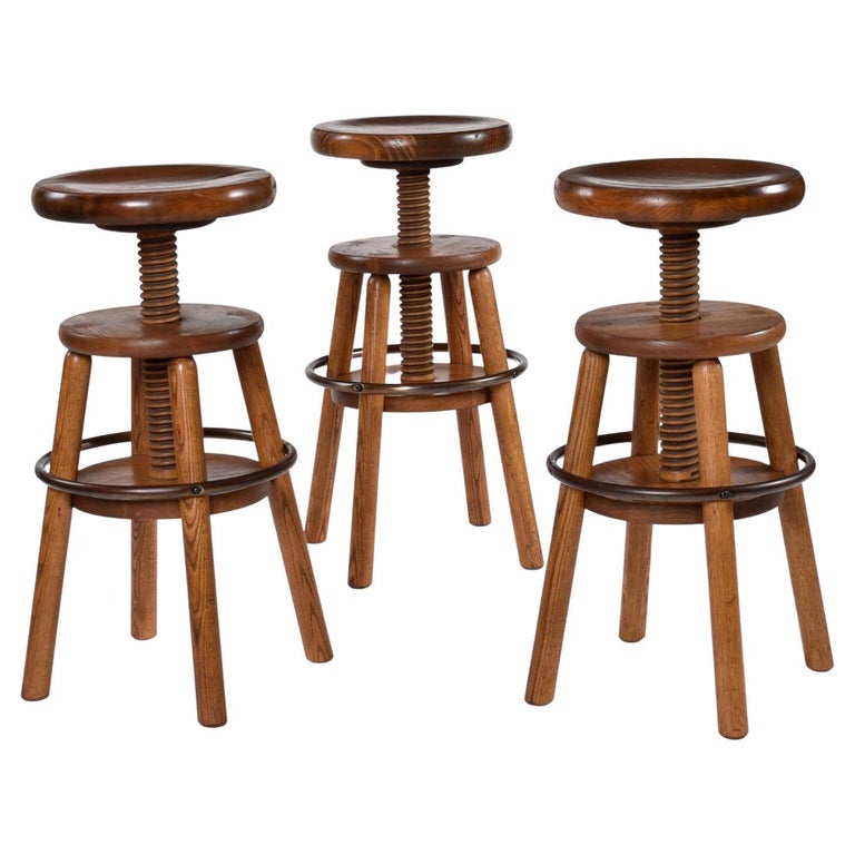 Set of Three Vintage Corkscrew Solid Oak Industrial Rustic Bar Stools