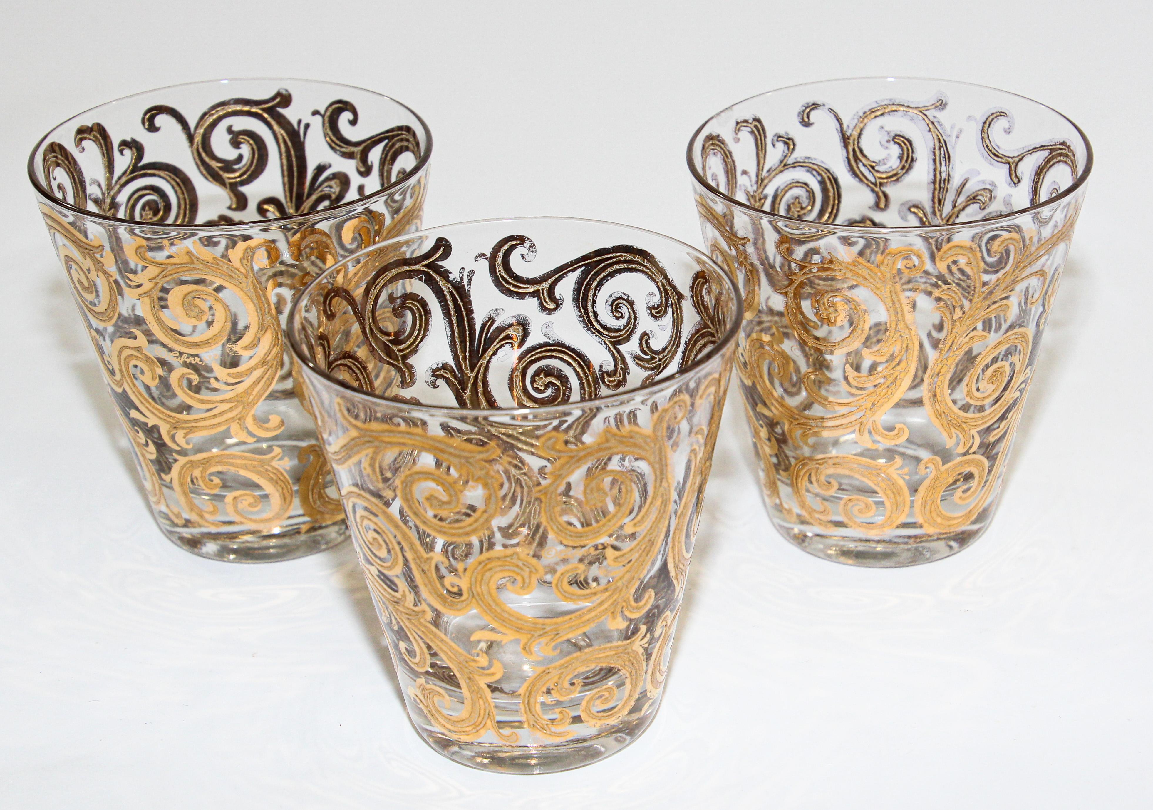Set of Three Vintage Culver Glasses with 22-Karat Gold Baroque Pattern Design 4