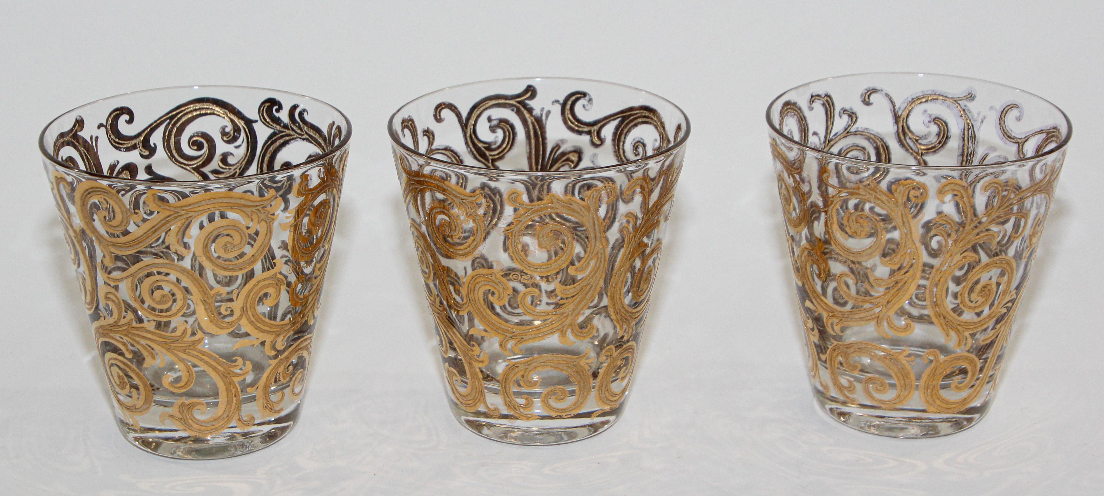 Set of Three Vintage Culver Glasses with 22-Karat Gold Baroque Pattern Design 5