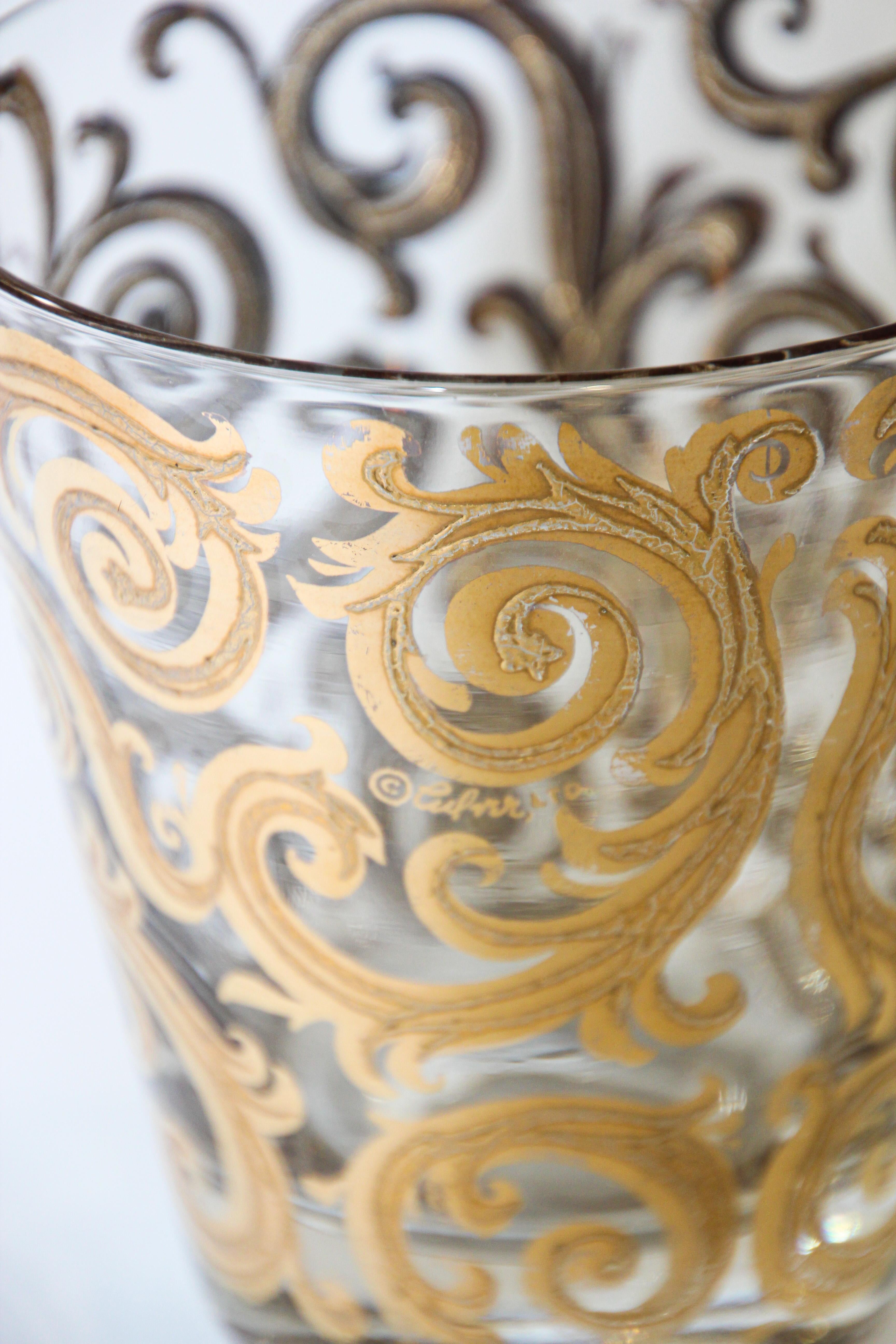 Moorish Set of Three Vintage Culver Glasses with 22-Karat Gold Baroque Pattern Design
