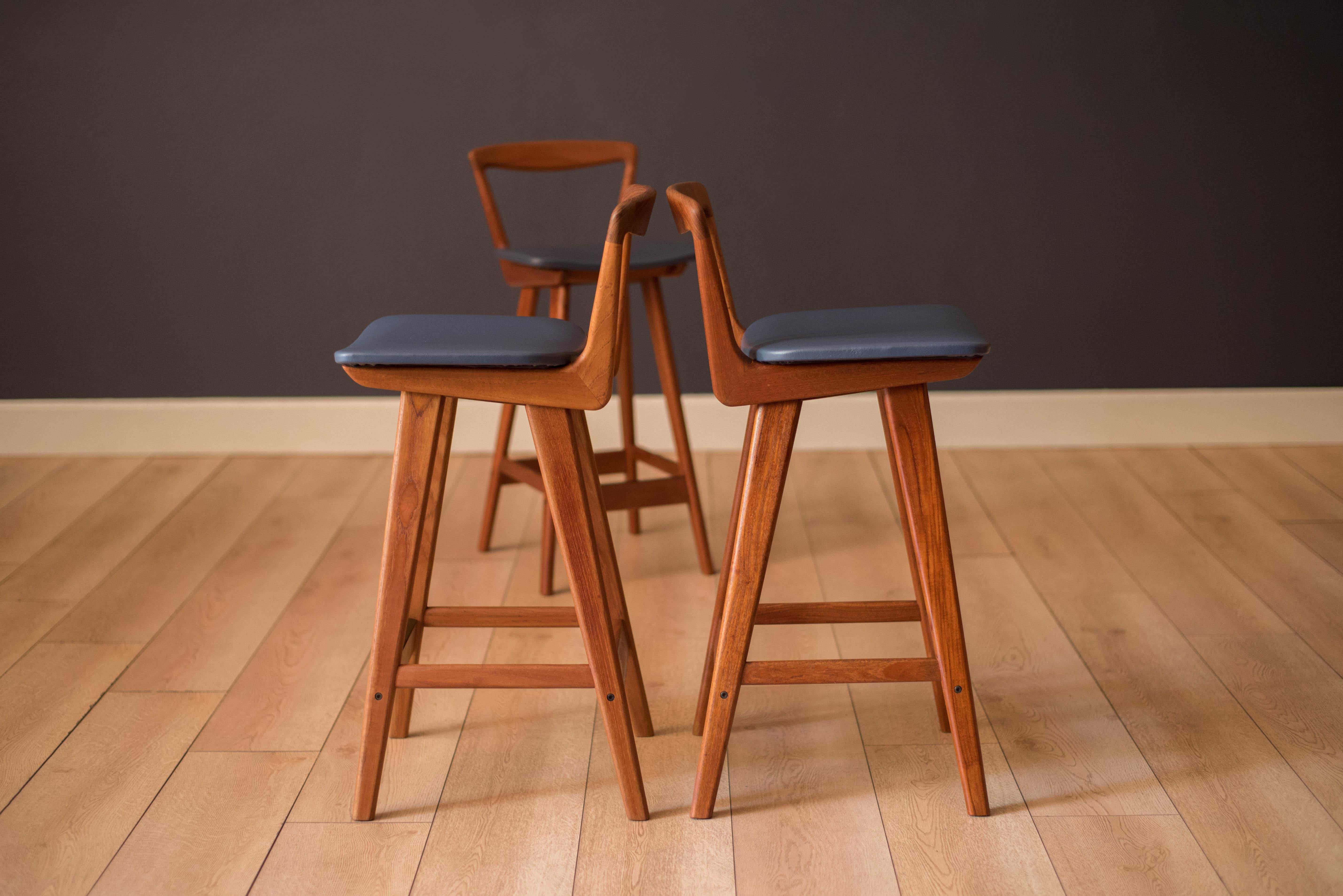 Scandinavian Modern Set of Three Vintage Danish Teak Bar Stools by Henry Rosengren Hansen